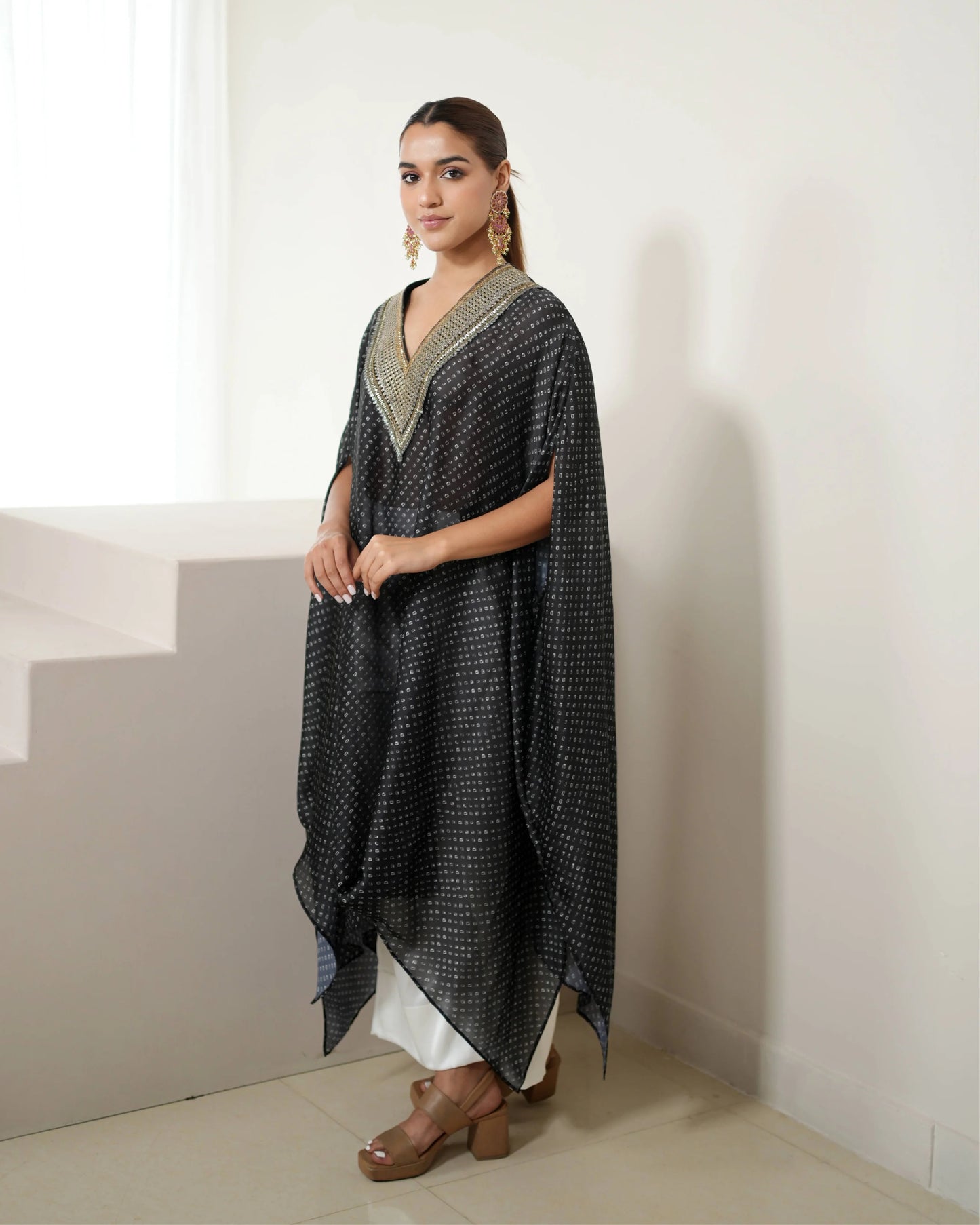 Black Beautiful V-neck Kurta Pant Set by Mayura Kumar with Bandhej, Bandhej Bandhini Mixology by Mayura Kumar, Black, Dry clean, Festive Wear, Relaxed Fit, Satin Silk, Tie-Dye at Kamakhyaa for sustainable fashion