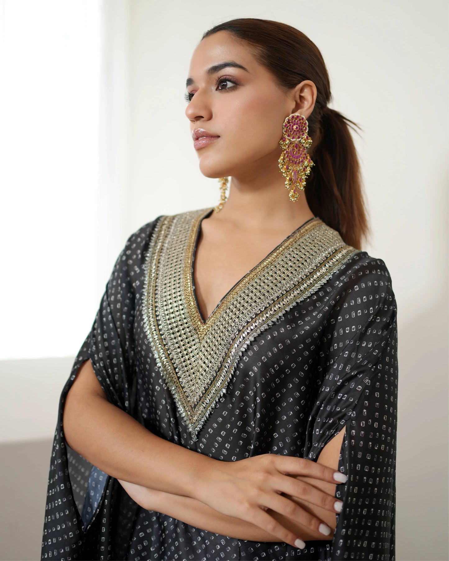 Black Beautiful V-neck Kurta Pant Set by Mayura Kumar with Bandhej, Bandhej Bandhini Mixology by Mayura Kumar, Black, Dry clean, Festive Wear, Relaxed Fit, Satin Silk, Tie-Dye at Kamakhyaa for sustainable fashion