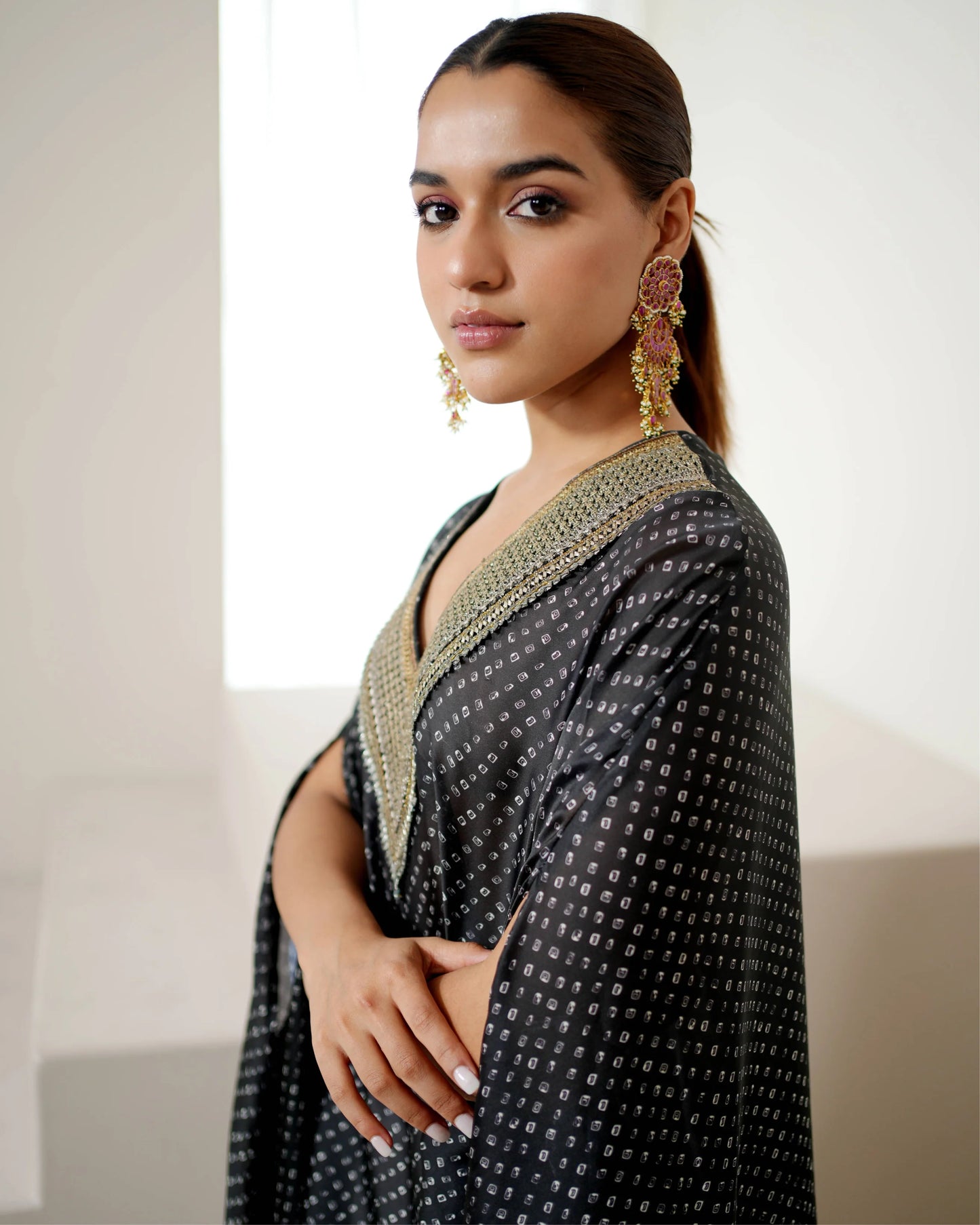 Black Beautiful V-neck Kurta Pant Set by Mayura Kumar with Bandhej, Bandhej Bandhini Mixology by Mayura Kumar, Black, Dry clean, Festive Wear, Relaxed Fit, Satin Silk, Tie-Dye at Kamakhyaa for sustainable fashion