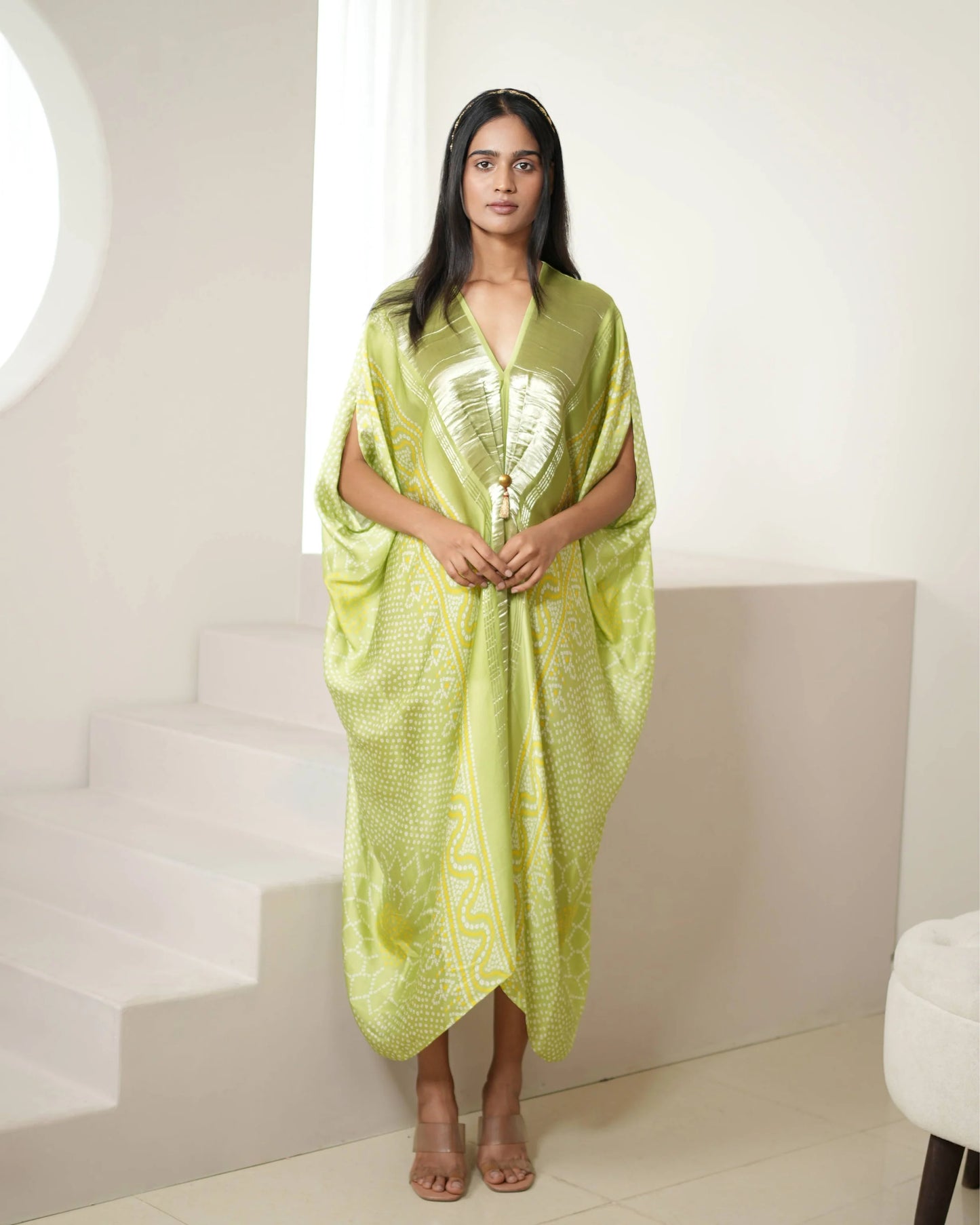 Green Satin Silk Kaftan by Mayura Kumar with Bandhej, Bandhej Bandhini Mixology by Mayura Kumar, Dry clean, Festive Wear, Green, Modal, Modal Satin Silk, Relaxed Fit, Satin Silk, Silk, Tie-Dye at Kamakhyaa for sustainable fashion