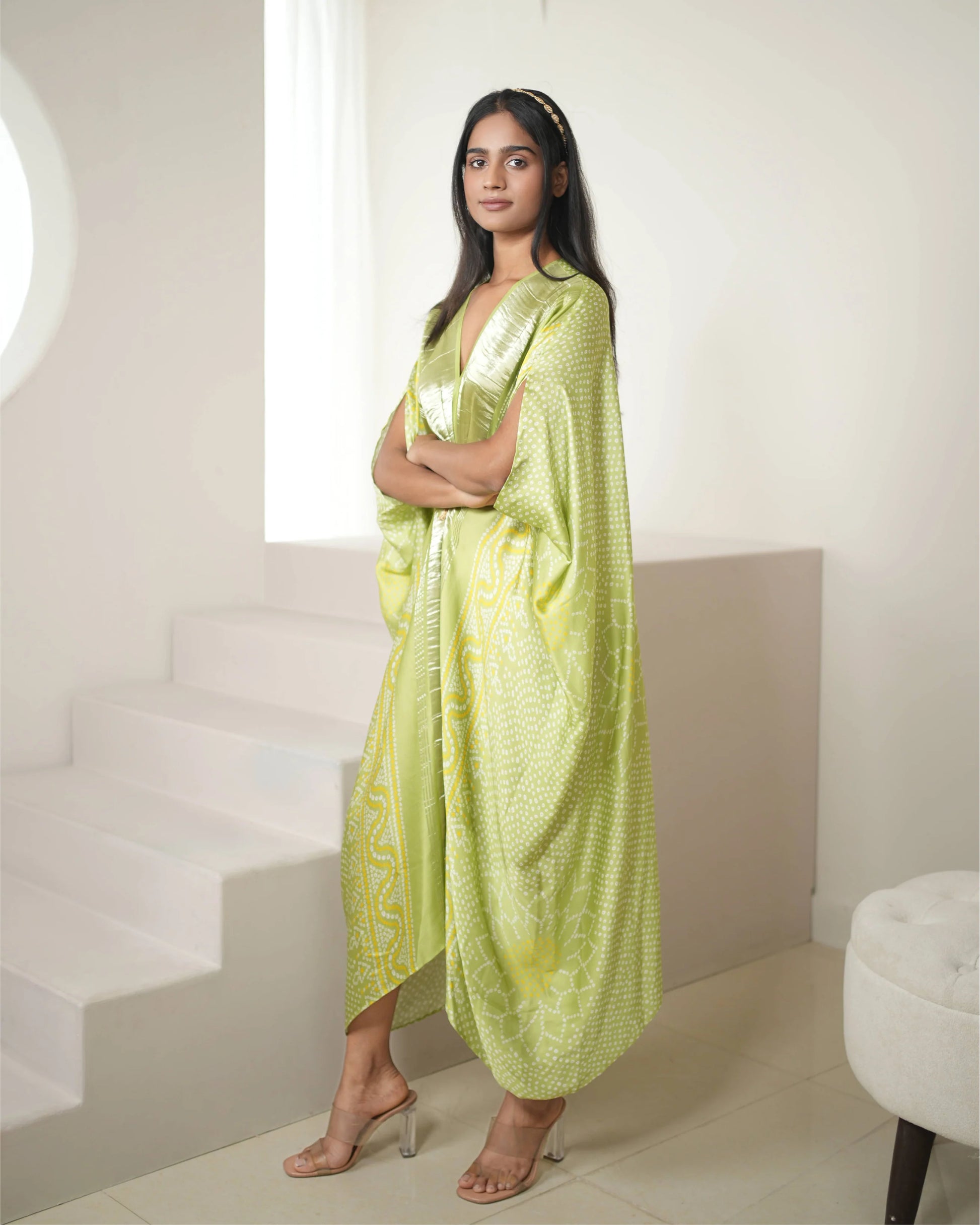 Green Satin Silk Kaftan by Mayura Kumar with Bandhej, Bandhej Bandhini Mixology by Mayura Kumar, Dry clean, Festive Wear, Green, Modal, Modal Satin Silk, Relaxed Fit, Satin Silk, Silk, Tie-Dye at Kamakhyaa for sustainable fashion