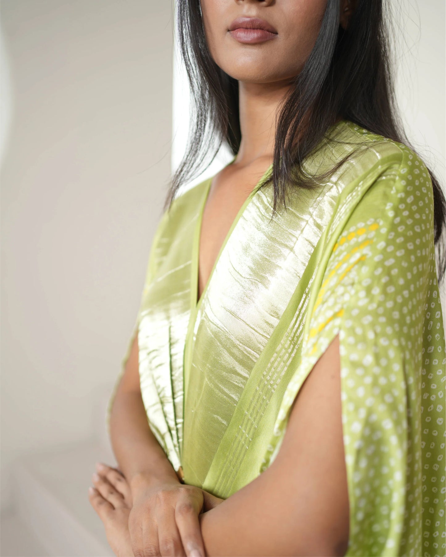 Green Satin Silk Kaftan by Mayura Kumar with Bandhej, Bandhej Bandhini Mixology by Mayura Kumar, Dry clean, Festive Wear, Green, Modal, Modal Satin Silk, Relaxed Fit, Satin Silk, Silk, Tie-Dye at Kamakhyaa for sustainable fashion