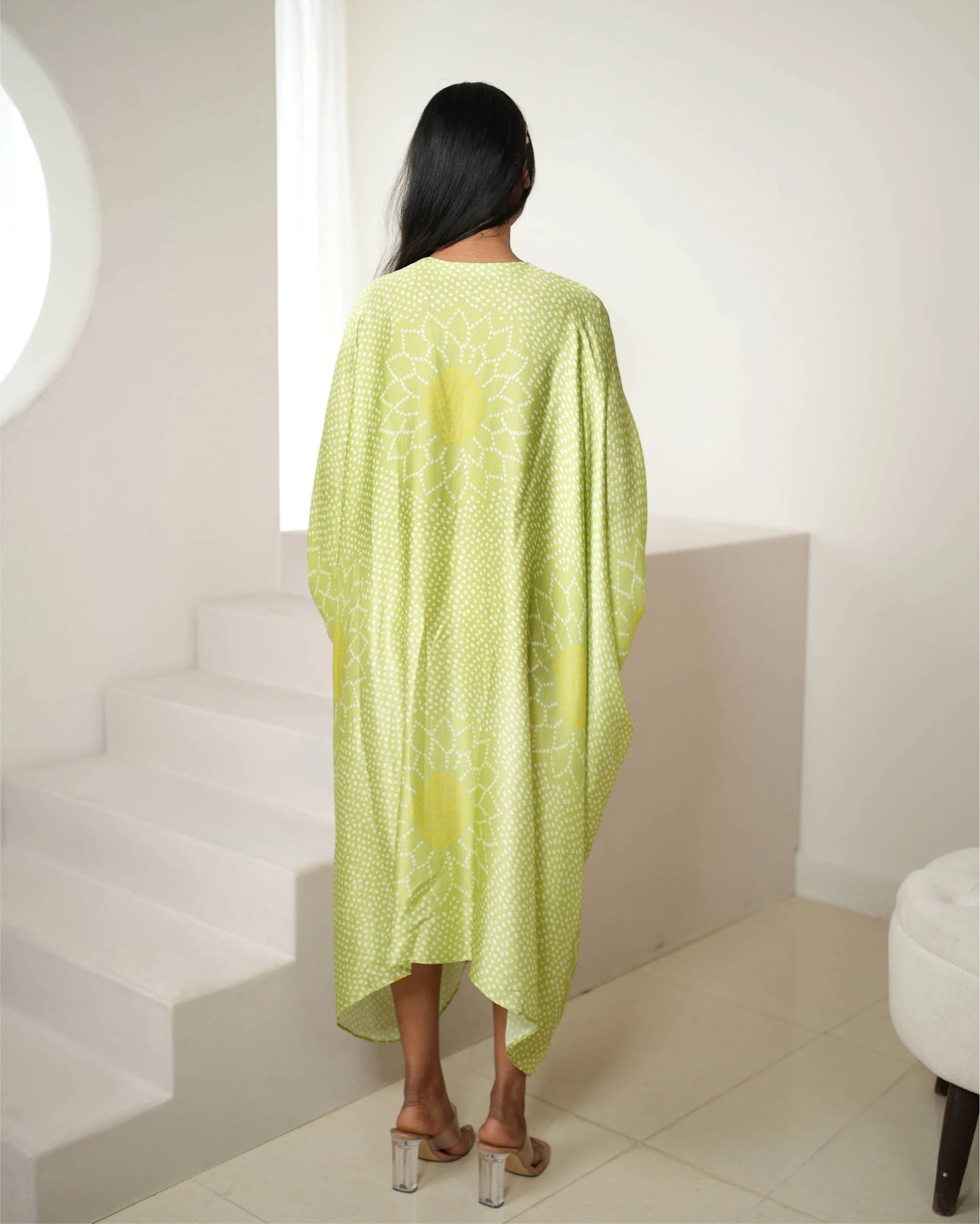 Green Satin Silk Kaftan by Mayura Kumar with Bandhej, Bandhej Bandhini Mixology by Mayura Kumar, Dry clean, Festive Wear, Green, Modal, Modal Satin Silk, Relaxed Fit, Satin Silk, Silk, Tie-Dye at Kamakhyaa for sustainable fashion