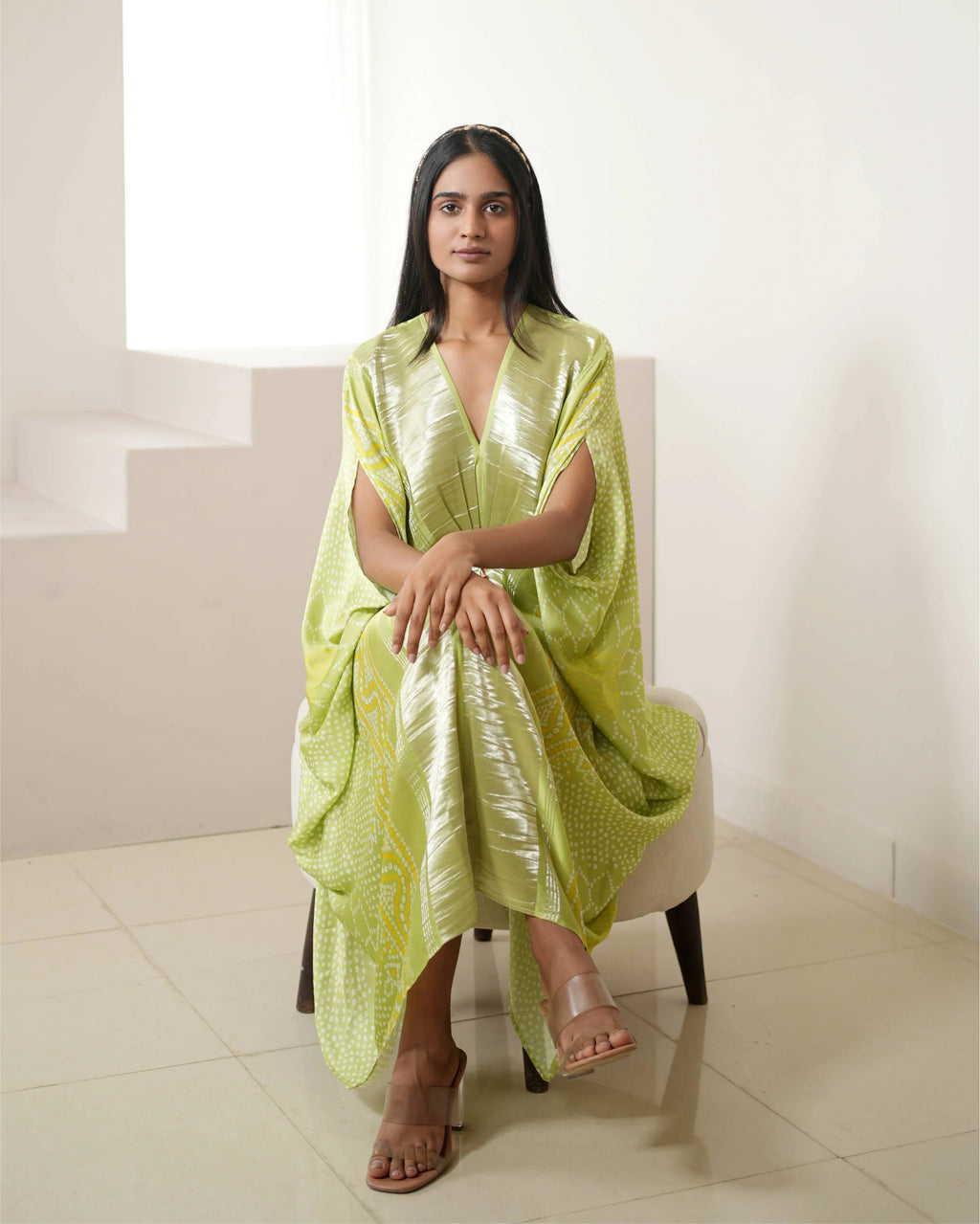 Green Satin Silk Kaftan by Mayura Kumar with Bandhej, Bandhej Bandhini Mixology by Mayura Kumar, Dry clean, Festive Wear, Green, Modal, Modal Satin Silk, Relaxed Fit, Satin Silk, Silk, Tie-Dye at Kamakhyaa for sustainable fashion