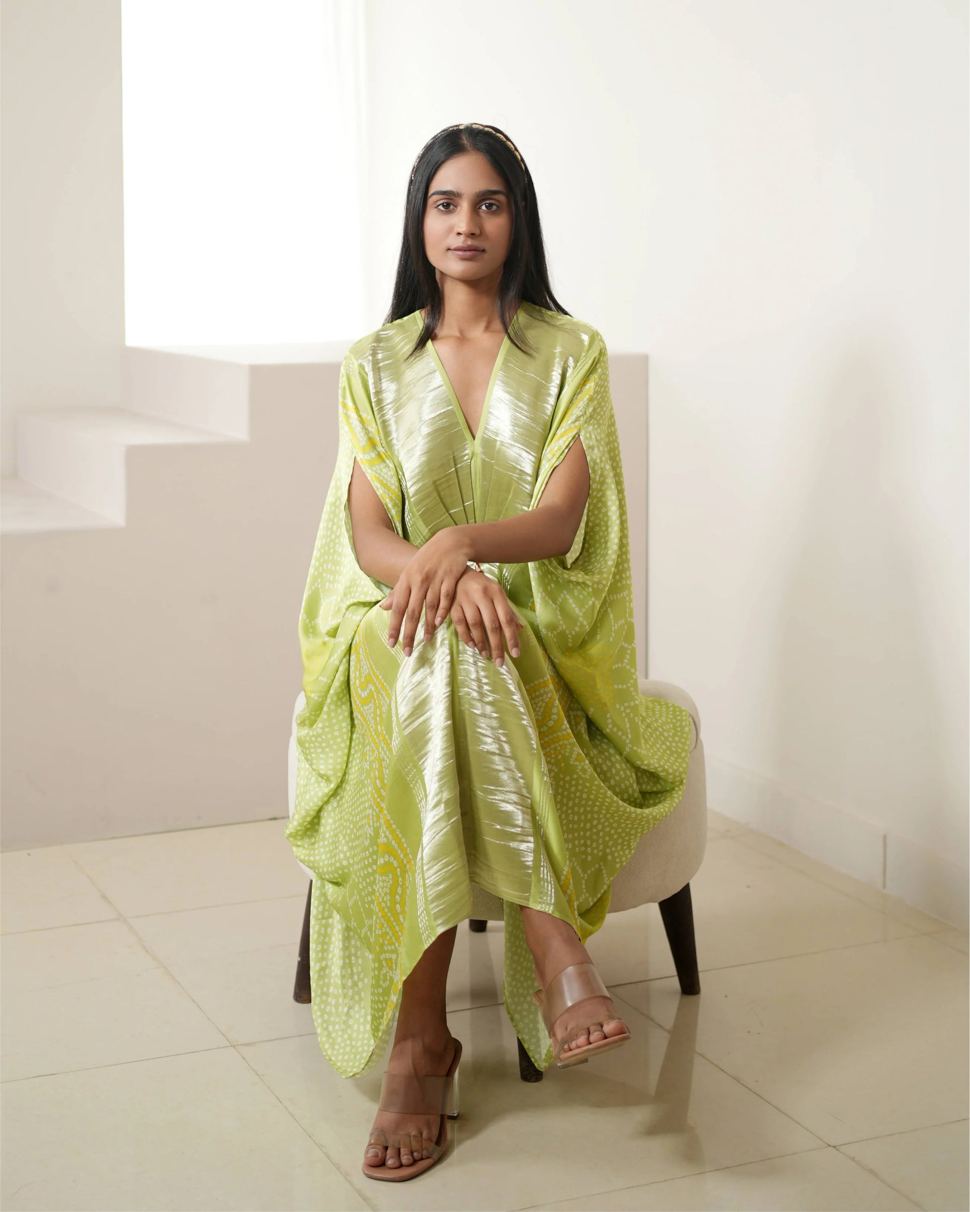 Green Satin Silk Kaftan by Mayura Kumar with Bandhej, Bandhej Bandhini Mixology by Mayura Kumar, Dry clean, Festive Wear, Green, Modal, Modal Satin Silk, Relaxed Fit, Satin Silk, Silk, Tie-Dye at Kamakhyaa for sustainable fashion