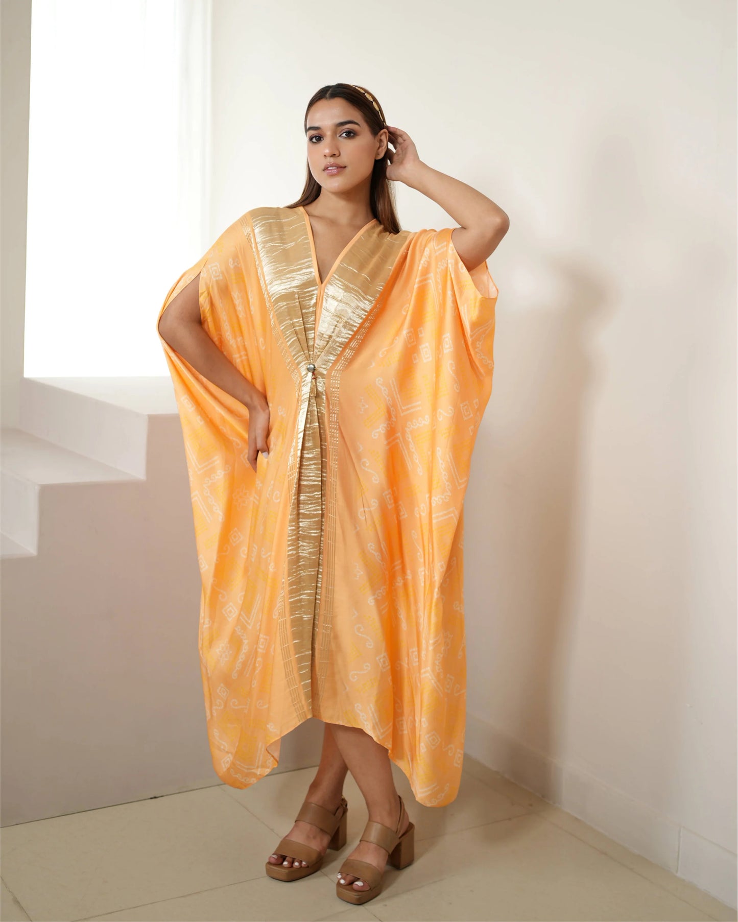 Peach Zari Weave Free Size Kaftan by Mayura Kumar with Bandhej, Bandhej Bandhini Mixology by Mayura Kumar, Dry clean, Festive Wear, Modal, Modal Satin Silk, Pink, Relaxed Fit, Satin Silk, Silk, Tie-Dye at Kamakhyaa for sustainable fashion