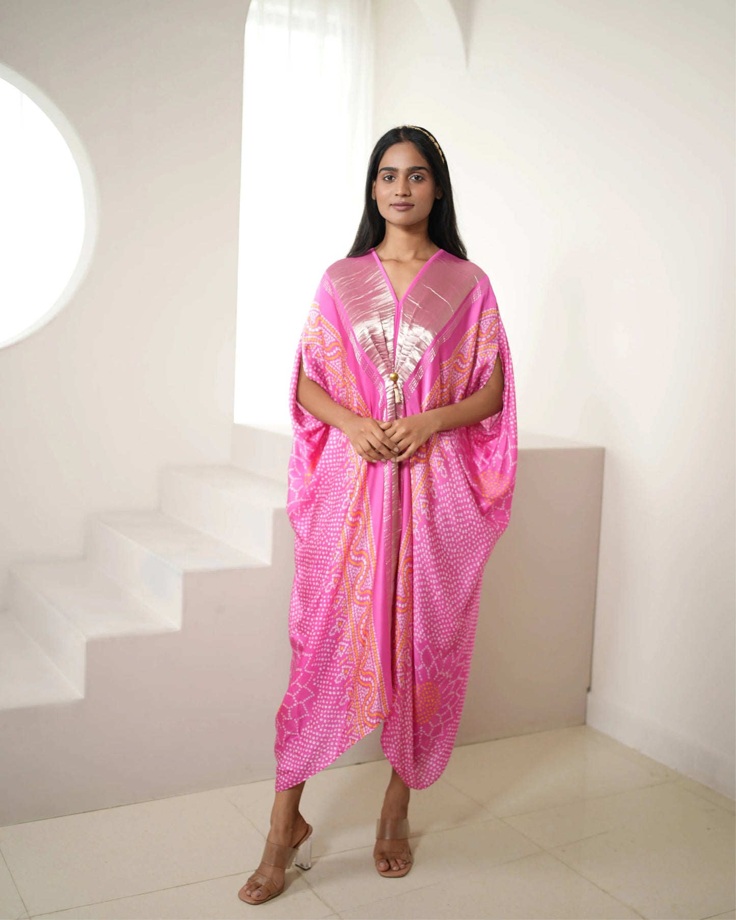 Pink Modal SIlk Satin Free Style Kaftan by Mayura Kumar with Bandhej, Bandhej Bandhini Mixology by Mayura Kumar, Dry clean, Festive Wear, Modal, Modal Satin Silk, Pink, Relaxed Fit, Satin Silk, Silk, Tie-Dye at Kamakhyaa for sustainable fashion