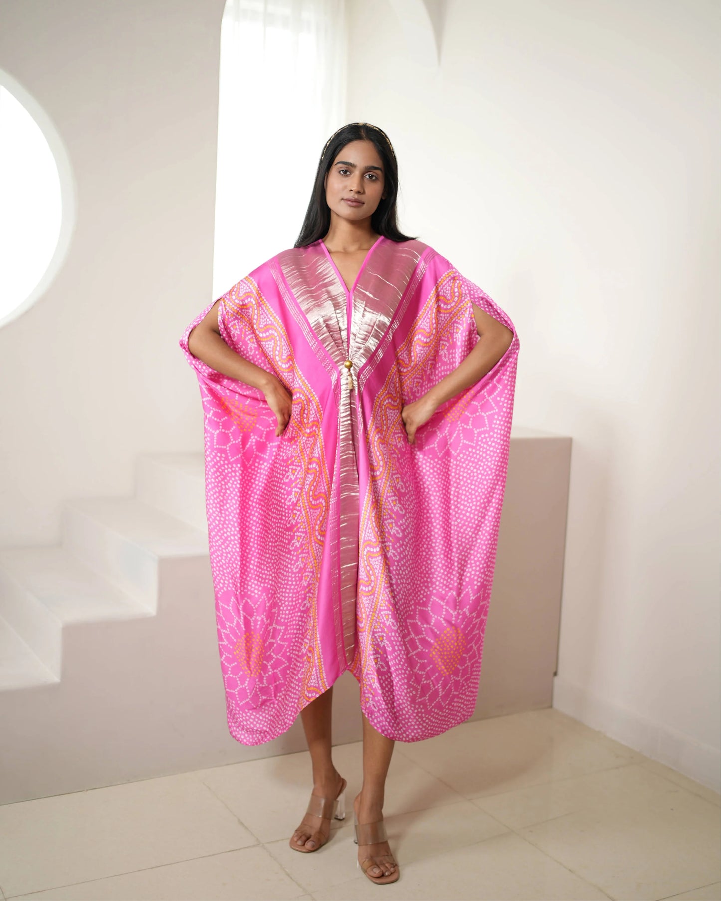 Pink Modal SIlk Satin Free Style Kaftan by Mayura Kumar with Bandhej, Bandhej Bandhini Mixology by Mayura Kumar, Dry clean, Festive Wear, Modal, Modal Satin Silk, Pink, Relaxed Fit, Satin Silk, Silk, Tie-Dye at Kamakhyaa for sustainable fashion