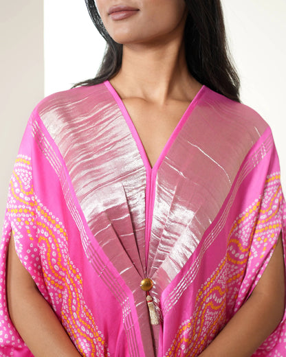 Pink Modal SIlk Satin Free Style Kaftan by Mayura Kumar with Bandhej, Bandhej Bandhini Mixology by Mayura Kumar, Dry clean, Festive Wear, Modal, Modal Satin Silk, Pink, Relaxed Fit, Satin Silk, Silk, Tie-Dye at Kamakhyaa for sustainable fashion