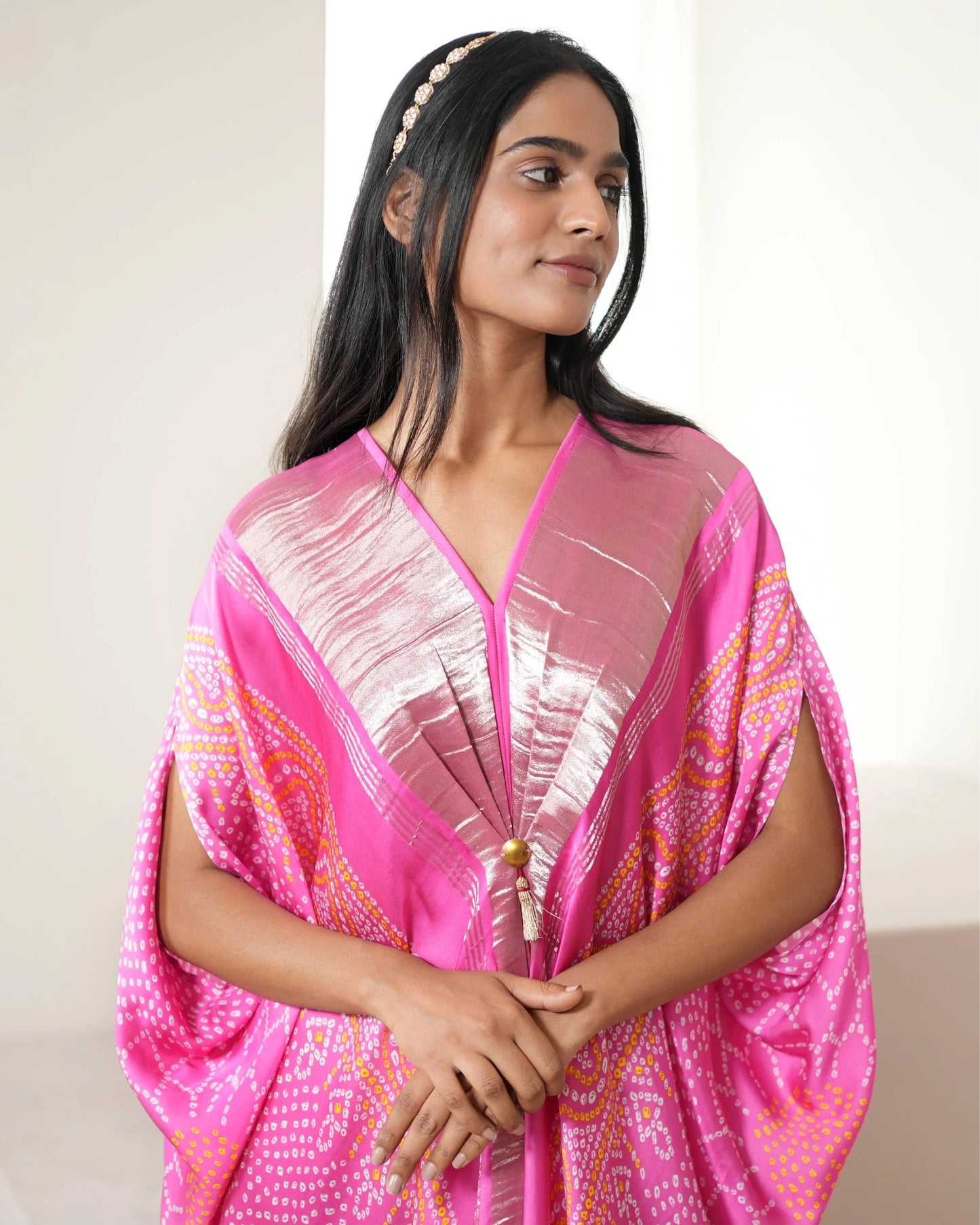 Pink Modal SIlk Satin Free Style Kaftan by Mayura Kumar with Bandhej, Bandhej Bandhini Mixology by Mayura Kumar, Dry clean, Festive Wear, Modal, Modal Satin Silk, Pink, Relaxed Fit, Satin Silk, Silk, Tie-Dye at Kamakhyaa for sustainable fashion