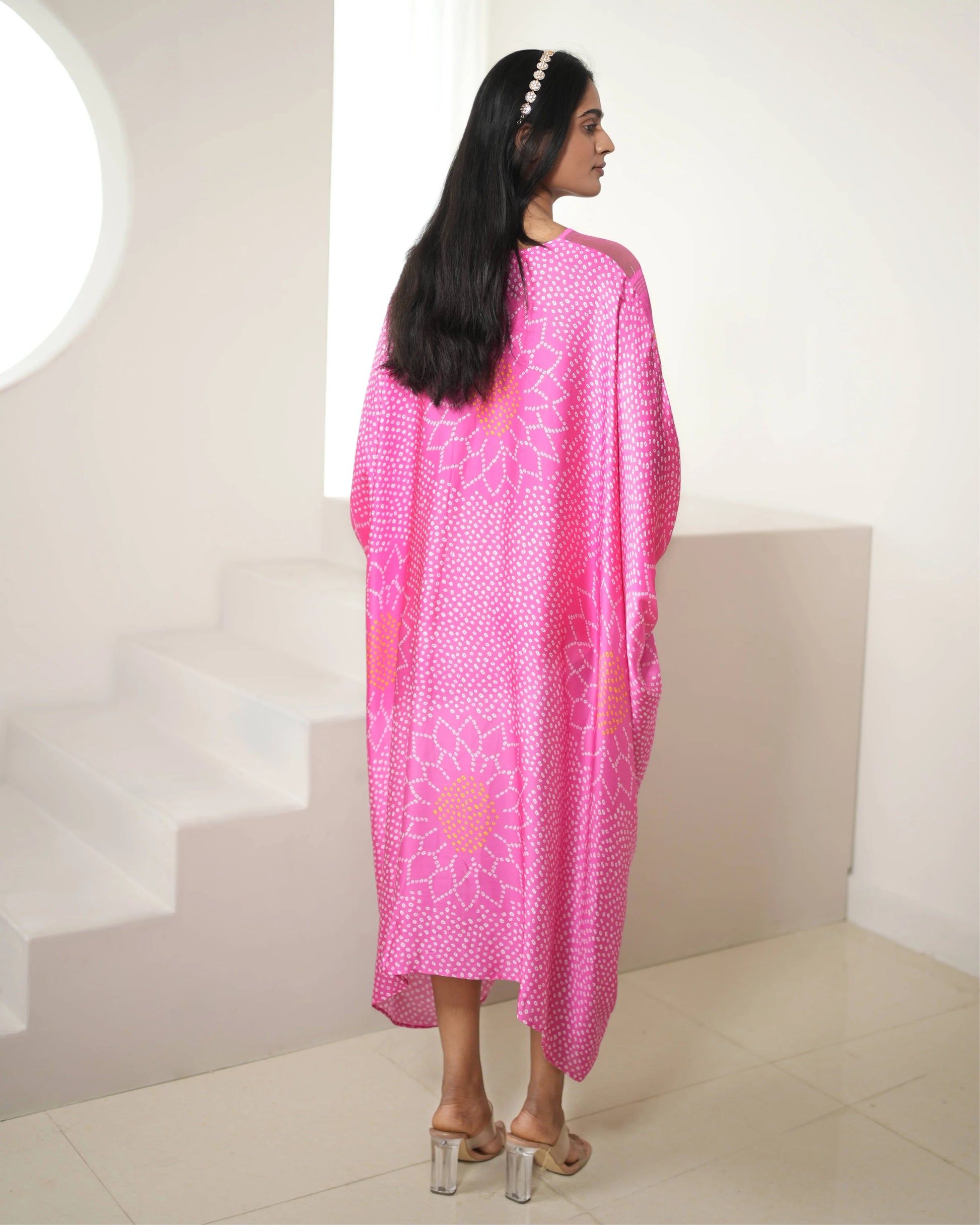 Pink Modal SIlk Satin Free Style Kaftan by Mayura Kumar with Bandhej, Bandhej Bandhini Mixology by Mayura Kumar, Dry clean, Festive Wear, Modal, Modal Satin Silk, Pink, Relaxed Fit, Satin Silk, Silk, Tie-Dye at Kamakhyaa for sustainable fashion