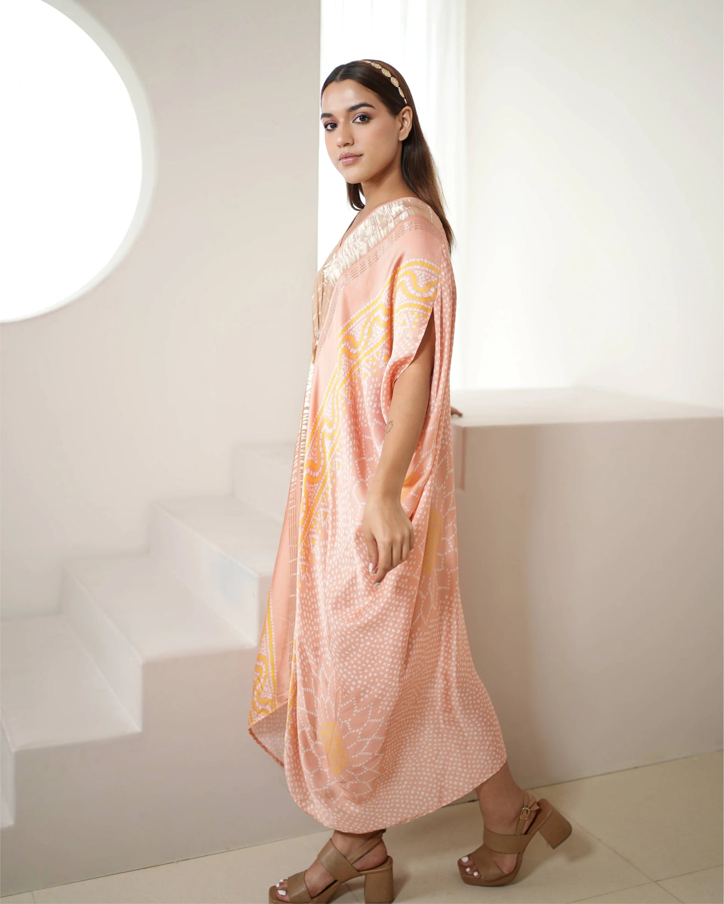 Blush Pink Tunic Kaftan by Mayura Kumar with Bandhej, Bandhej Bandhini Mixology by Mayura Kumar, Dry clean, Festive Wear, Modal, Modal Satin Silk, Pink, Relaxed Fit, Satin Silk, Silk, Tie-Dye at Kamakhyaa for sustainable fashion