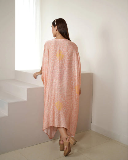 Blush Pink Tunic Kaftan by Mayura Kumar with Bandhej, Bandhej Bandhini Mixology by Mayura Kumar, Dry clean, Festive Wear, Modal, Modal Satin Silk, Pink, Relaxed Fit, Satin Silk, Silk, Tie-Dye at Kamakhyaa for sustainable fashion