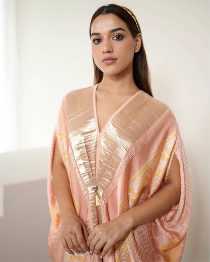 Blush Pink Tunic Kaftan by Mayura Kumar with Bandhej, Bandhej Bandhini Mixology by Mayura Kumar, Dry clean, Festive Wear, Modal, Modal Satin Silk, Pink, Relaxed Fit, Satin Silk, Silk, Tie-Dye at Kamakhyaa for sustainable fashion