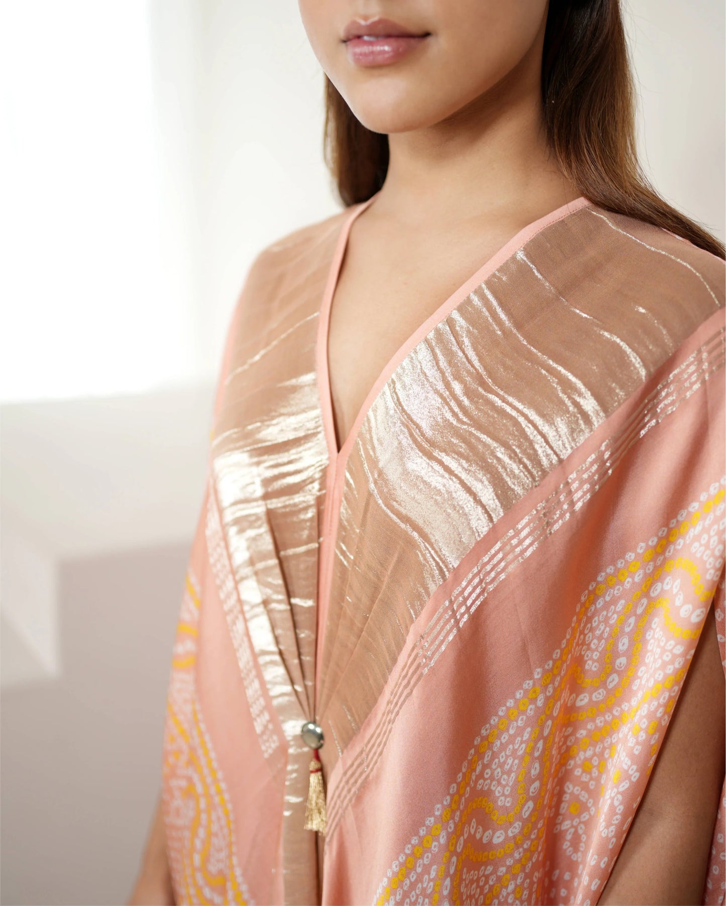 Blush Pink Tunic Kaftan by Mayura Kumar with Bandhej, Bandhej Bandhini Mixology by Mayura Kumar, Dry clean, Festive Wear, Modal, Modal Satin Silk, Pink, Relaxed Fit, Satin Silk, Silk, Tie-Dye at Kamakhyaa for sustainable fashion