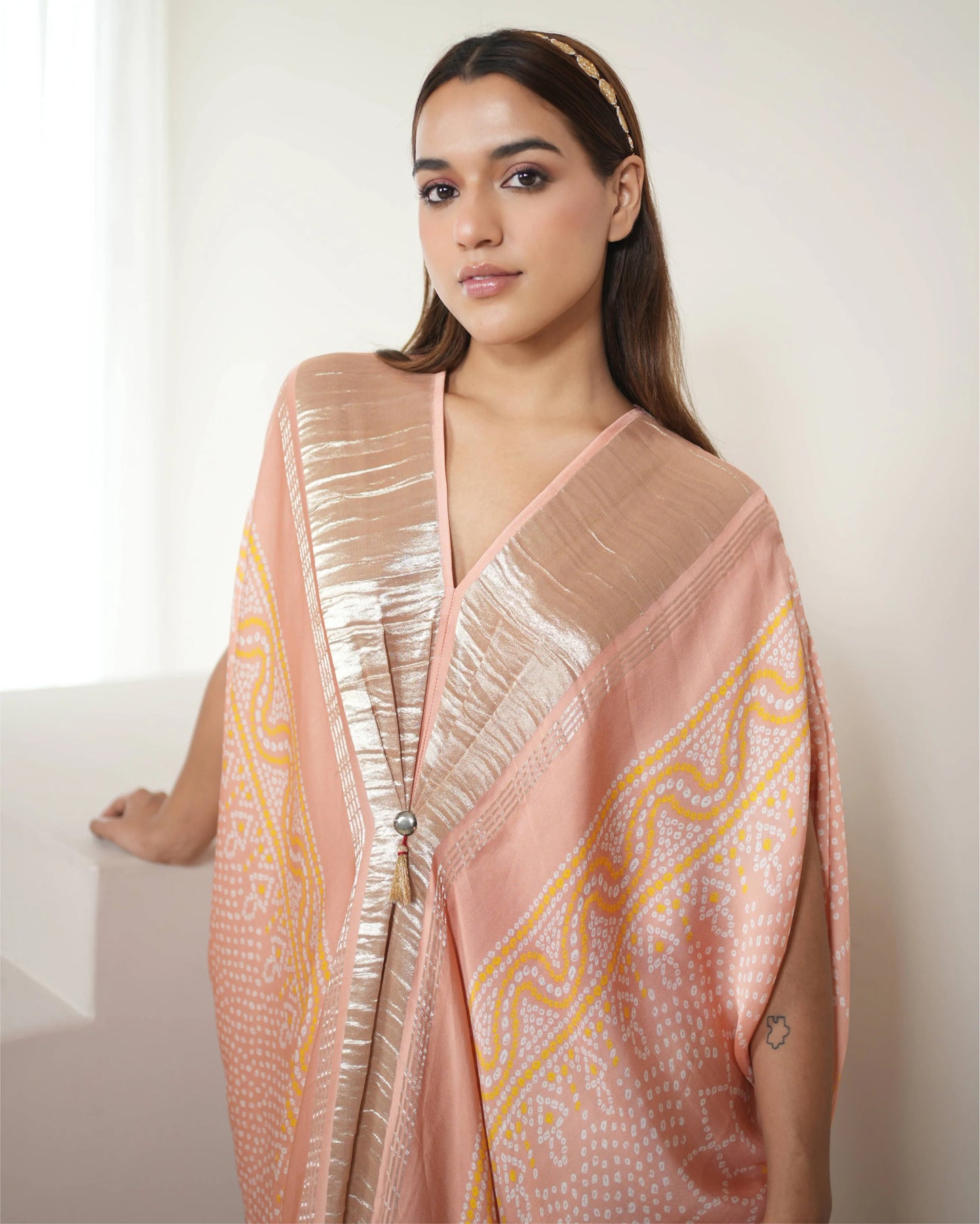 Blush Pink Tunic Kaftan by Mayura Kumar with Bandhej, Bandhej Bandhini Mixology by Mayura Kumar, Dry clean, Festive Wear, Modal, Modal Satin Silk, Pink, Relaxed Fit, Satin Silk, Silk, Tie-Dye at Kamakhyaa for sustainable fashion