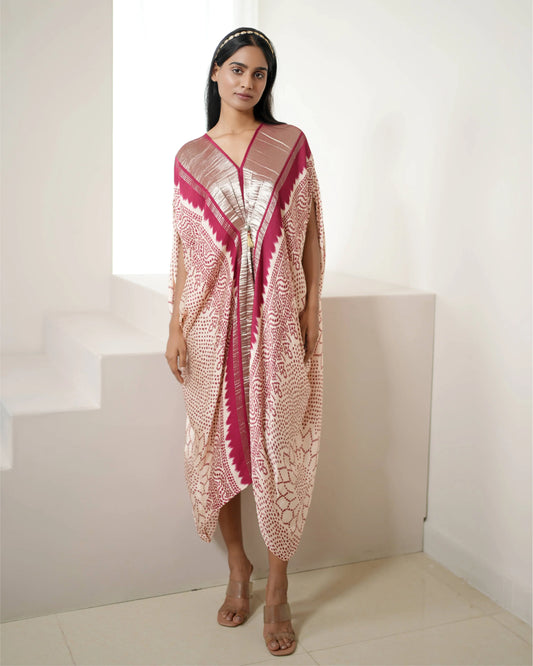 Red & White Bandhej Print Kaftan by Mayura Kumar with Bandhej, Bandhej Bandhini Mixology by Mayura Kumar, Dry clean, Festive Wear, Modal, Modal Satin Silk, Red, Relaxed Fit, Satin Silk, Silk, Tie-Dye at Kamakhyaa for sustainable fashion