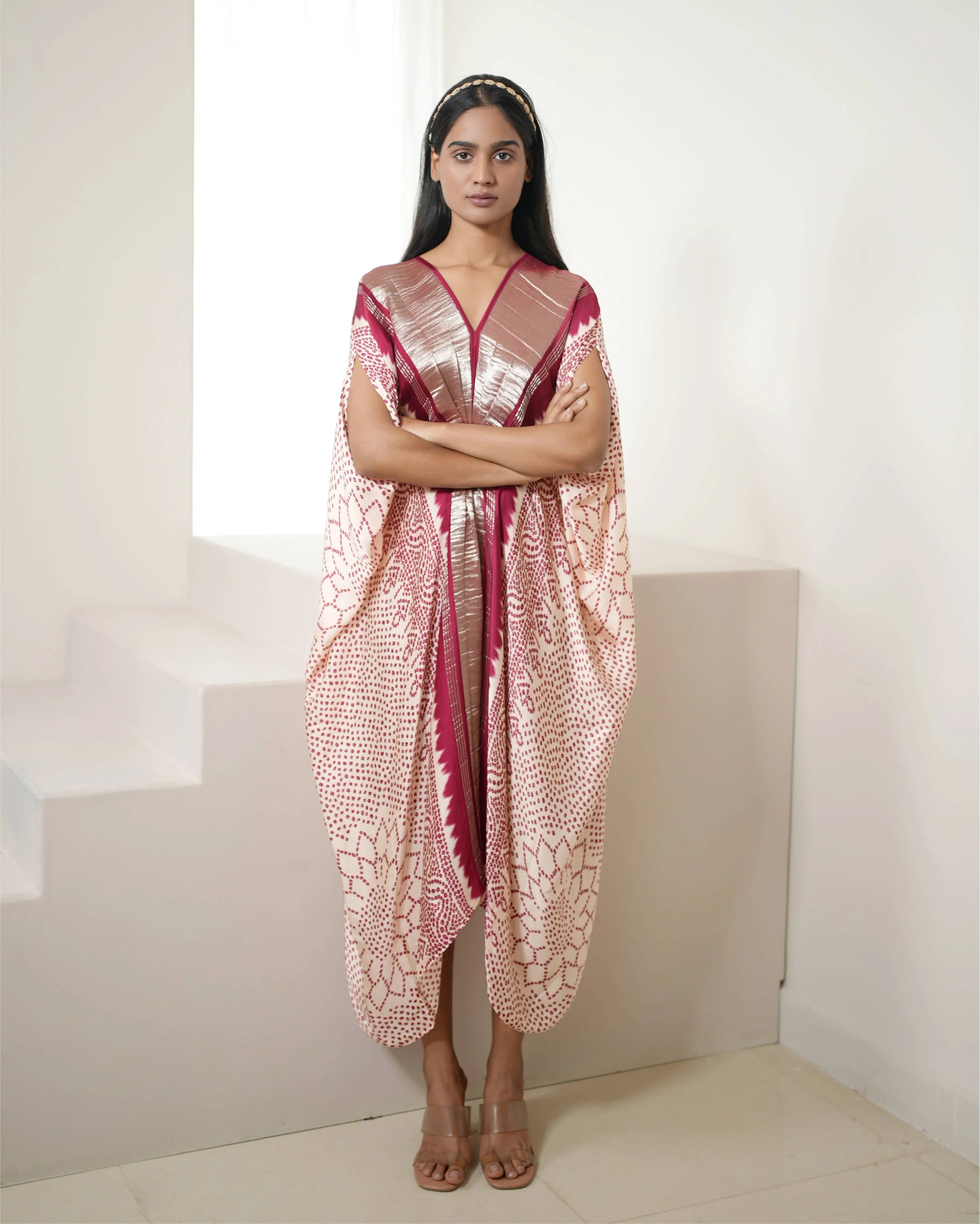 Red & White Bandhej Print Kaftan by Mayura Kumar with Bandhej, Bandhej Bandhini Mixology by Mayura Kumar, Dry clean, Festive Wear, Modal, Modal Satin Silk, Red, Relaxed Fit, Satin Silk, Silk, Tie-Dye at Kamakhyaa for sustainable fashion