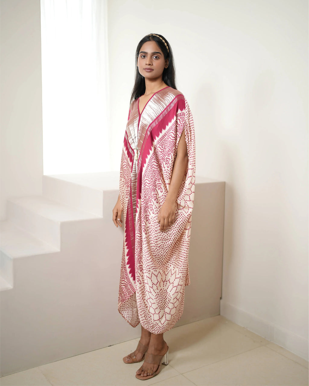 Red & White Bandhej Print Kaftan by Mayura Kumar with Bandhej, Bandhej Bandhini Mixology by Mayura Kumar, Dry clean, Festive Wear, Modal, Modal Satin Silk, Red, Relaxed Fit, Satin Silk, Silk, Tie-Dye at Kamakhyaa for sustainable fashion