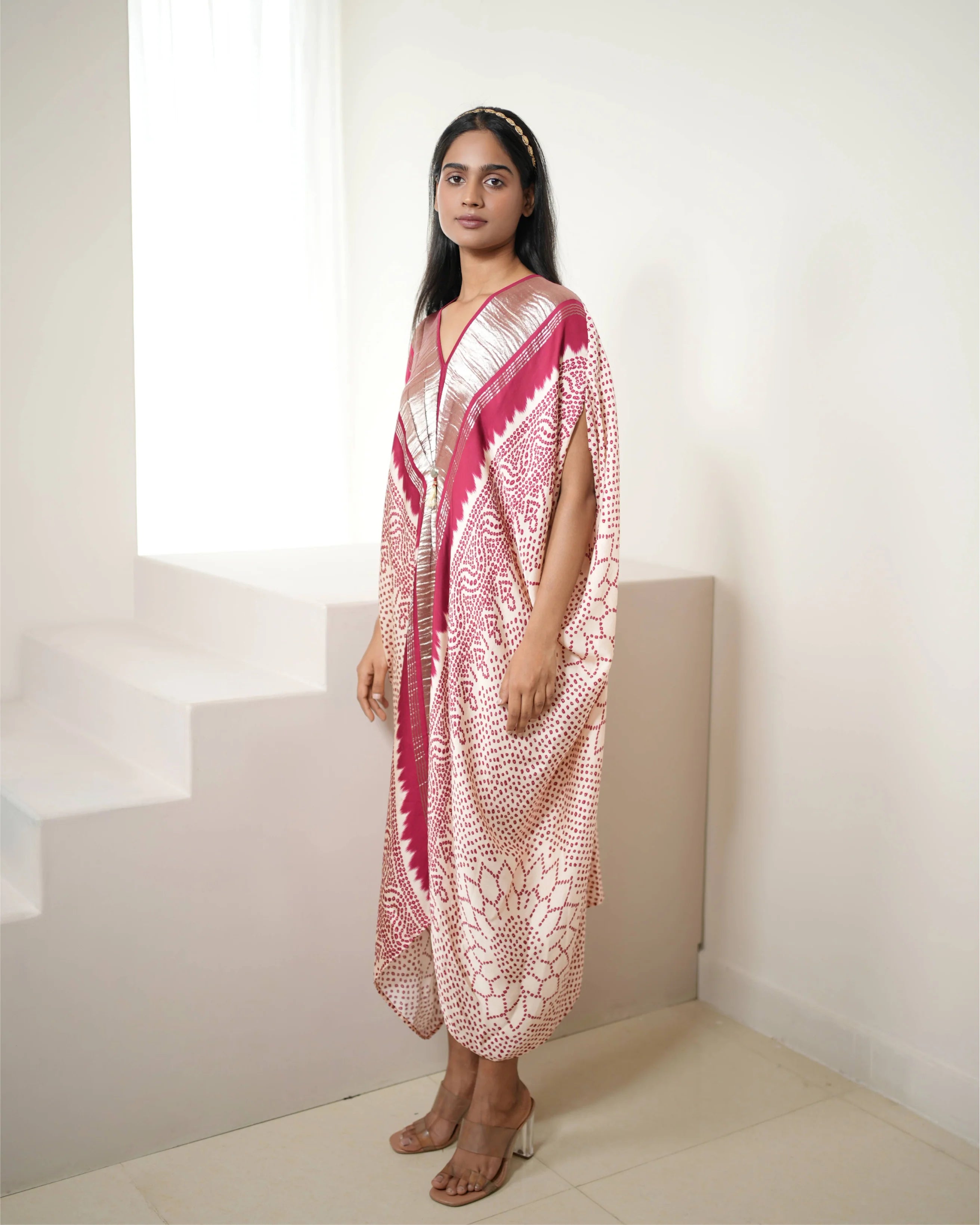 Red & White Bandhej Print Kaftan by Mayura Kumar with Bandhej, Bandhej Bandhini Mixology by Mayura Kumar, Dry clean, Festive Wear, Modal, Modal Satin Silk, Red, Relaxed Fit, Satin Silk, Silk, Tie-Dye at Kamakhyaa for sustainable fashion