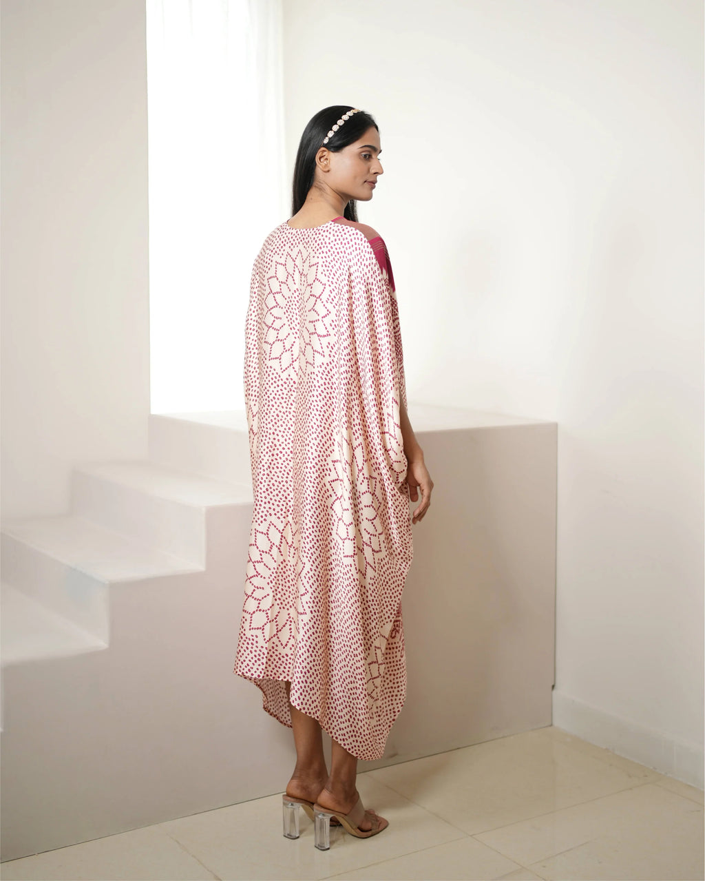 Red & White Bandhej Print Kaftan by Mayura Kumar with Bandhej, Bandhej Bandhini Mixology by Mayura Kumar, Dry clean, Festive Wear, Modal, Modal Satin Silk, Red, Relaxed Fit, Satin Silk, Silk, Tie-Dye at Kamakhyaa for sustainable fashion