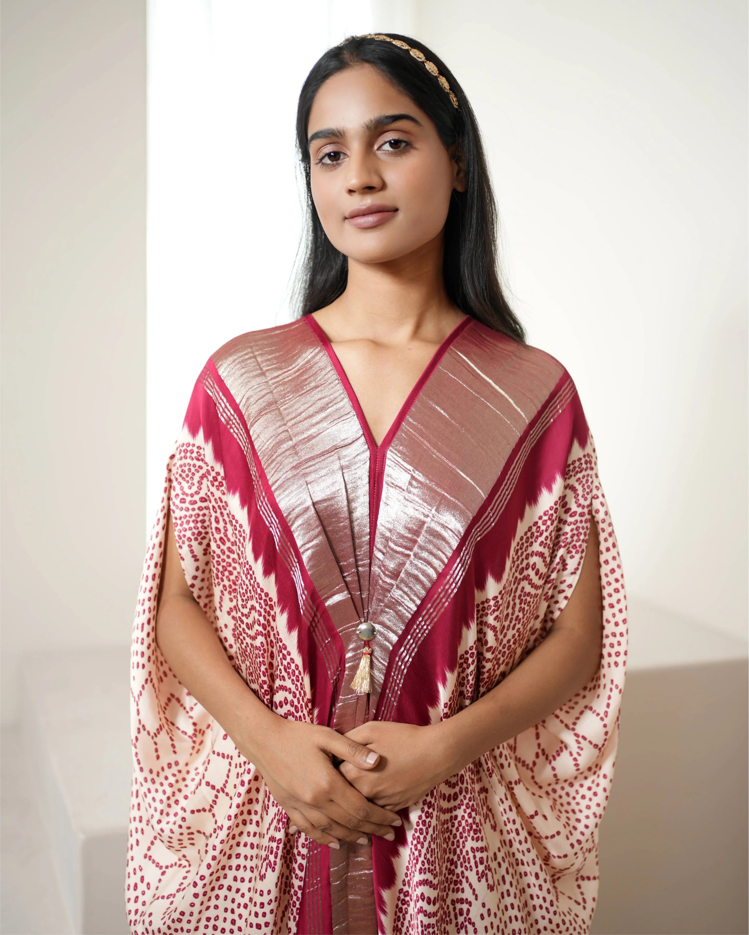 Red & White Bandhej Print Kaftan by Mayura Kumar with Bandhej, Bandhej Bandhini Mixology by Mayura Kumar, Dry clean, Festive Wear, Modal, Modal Satin Silk, Red, Relaxed Fit, Satin Silk, Silk, Tie-Dye at Kamakhyaa for sustainable fashion