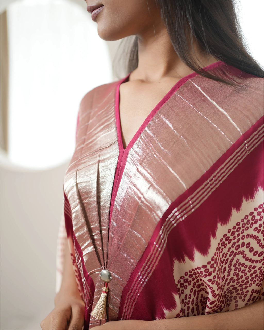 Red & White Bandhej Print Kaftan by Mayura Kumar with Bandhej, Bandhej Bandhini Mixology by Mayura Kumar, Dry clean, Festive Wear, Modal, Modal Satin Silk, Red, Relaxed Fit, Satin Silk, Silk, Tie-Dye at Kamakhyaa for sustainable fashion