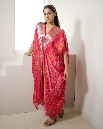 Fuschia Pink Bandhini Print Kaftan by Mayura Kumar with Bandhej, Bandhej Bandhini Mixology by Mayura Kumar, Dry clean, Festive Wear, Modal, Modal Satin Silk, Pink, Relaxed Fit, Satin Silk, Silk, Tie-Dye at Kamakhyaa for sustainable fashion