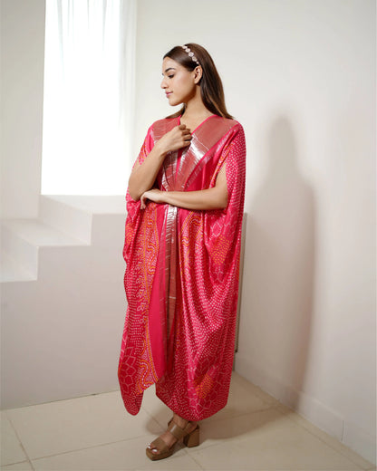 Fuschia Pink Bandhini Print Kaftan by Mayura Kumar with Bandhej, Bandhej Bandhini Mixology by Mayura Kumar, Dry clean, Festive Wear, Modal, Modal Satin Silk, Pink, Relaxed Fit, Satin Silk, Silk, Tie-Dye at Kamakhyaa for sustainable fashion