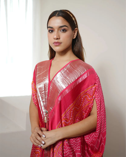 Fuschia Pink Bandhini Print Kaftan by Mayura Kumar with Bandhej, Bandhej Bandhini Mixology by Mayura Kumar, Dry clean, Festive Wear, Modal, Modal Satin Silk, Pink, Relaxed Fit, Satin Silk, Silk, Tie-Dye at Kamakhyaa for sustainable fashion