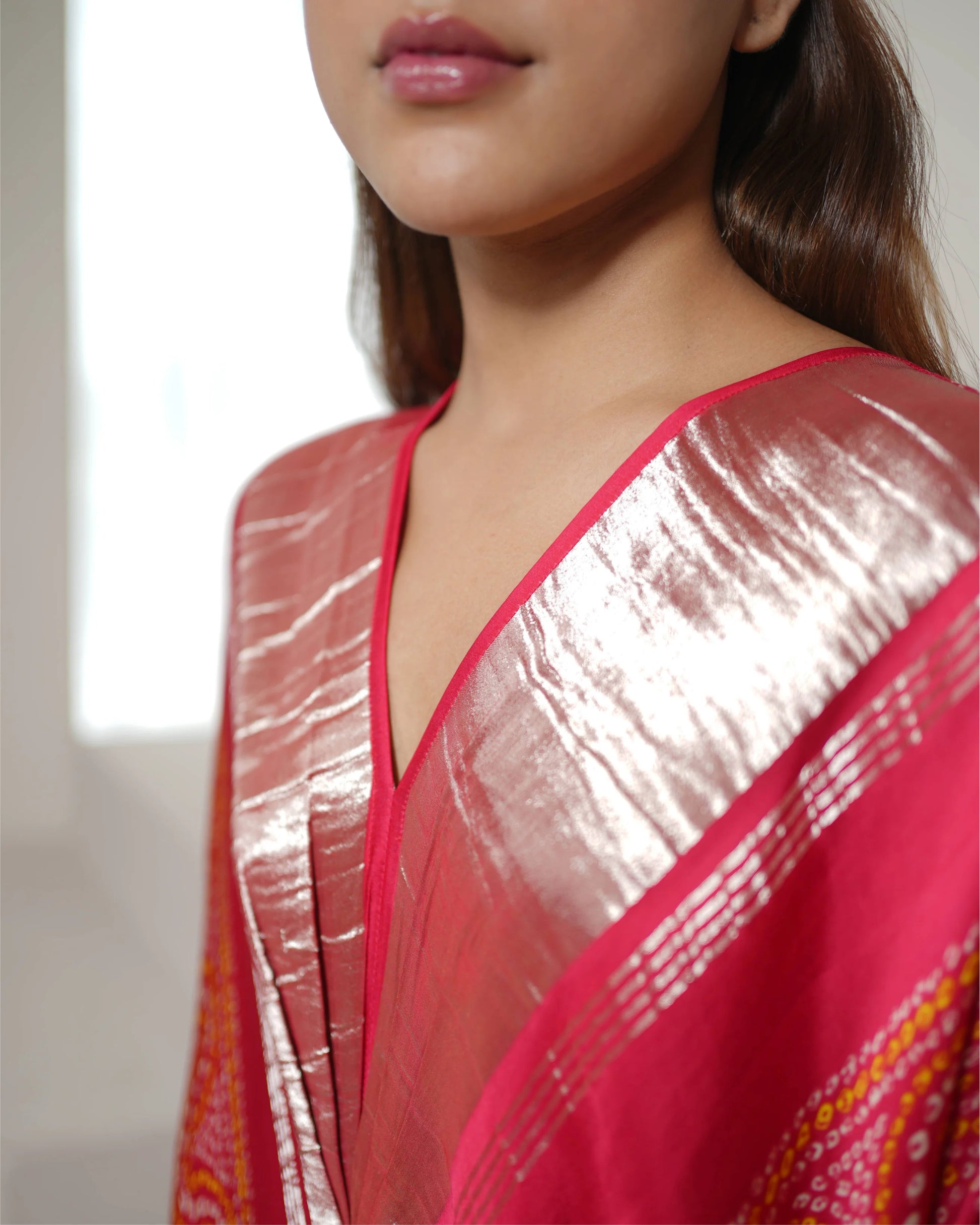 Fuschia Pink Bandhini Print Kaftan by Mayura Kumar with Bandhej, Bandhej Bandhini Mixology by Mayura Kumar, Dry clean, Festive Wear, Modal, Modal Satin Silk, Pink, Relaxed Fit, Satin Silk, Silk, Tie-Dye at Kamakhyaa for sustainable fashion