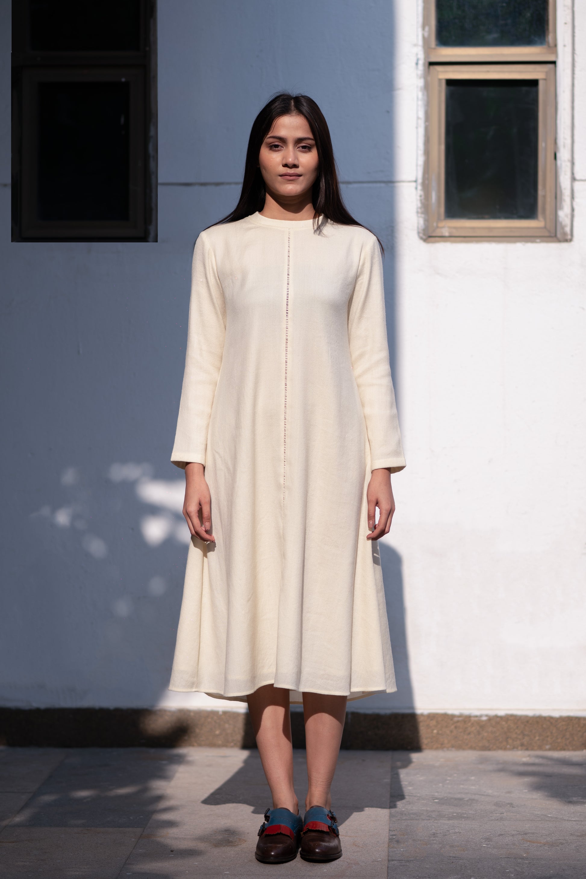 Cream White Merino Wool Dress Starflower by Raas with Cream, Merino Wool, Midi Dresses, Regular Fit, Uru by Raas, Winter Wear, Woven at Kamakhyaa for sustainable fashion