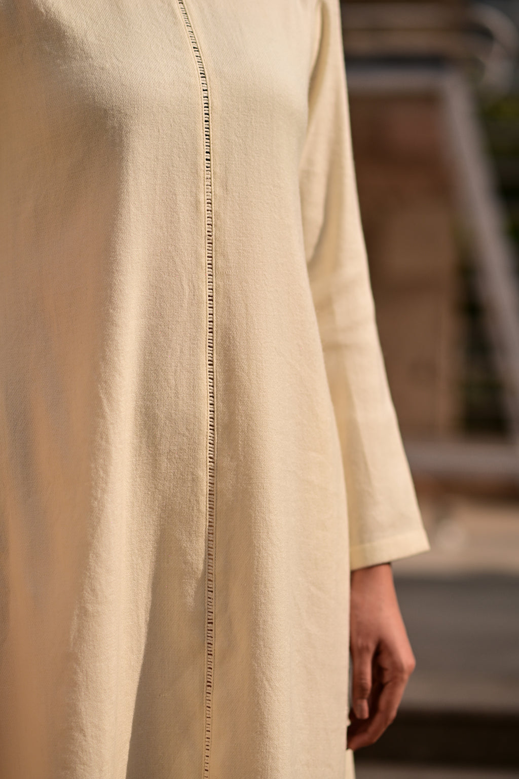 Cream White Merino Wool Dress Starflower by Raas with Cream, Merino Wool, Midi Dresses, Regular Fit, Uru by Raas, Winter Wear, Woven at Kamakhyaa for sustainable fashion