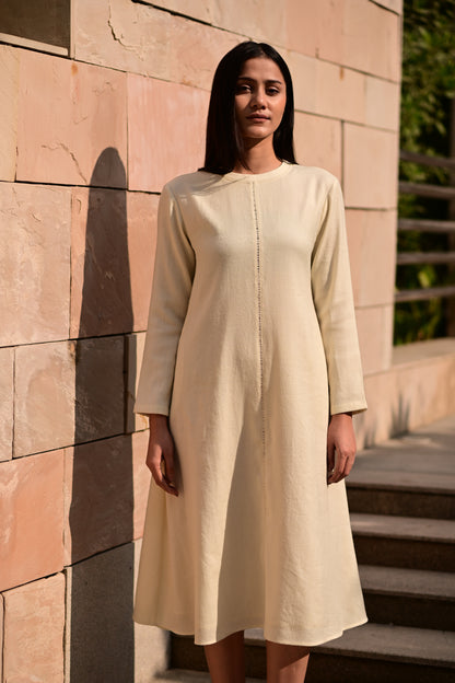 Cream White Merino Wool Dress Starflower by Raas with Cream, Merino Wool, Midi Dresses, Regular Fit, Uru by Raas, Winter Wear, Woven at Kamakhyaa for sustainable fashion