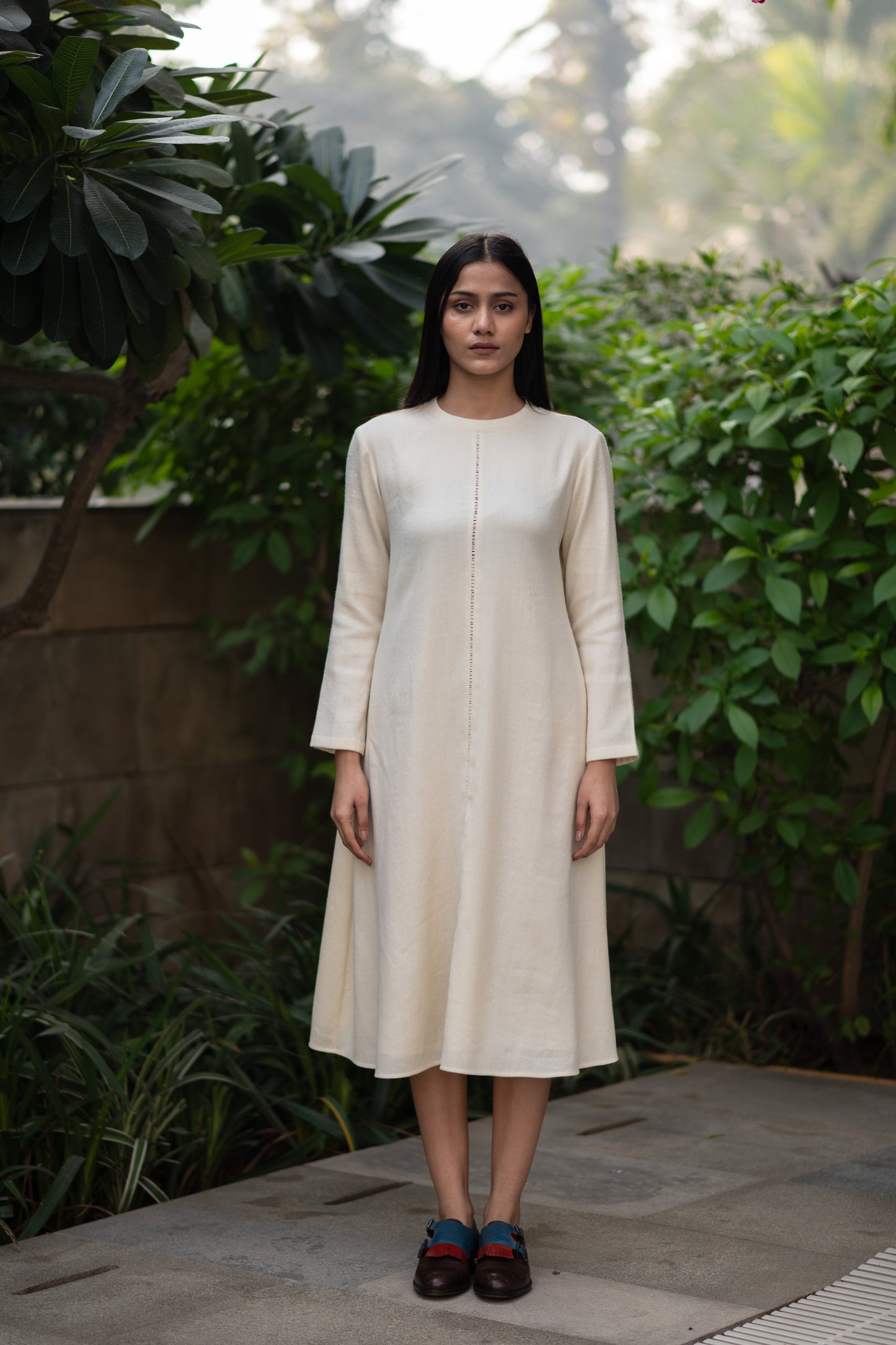 Cream White Merino Wool Dress Starflower by Raas with Cream, Merino Wool, Midi Dresses, Regular Fit, Uru by Raas, Winter Wear, Woven at Kamakhyaa for sustainable fashion