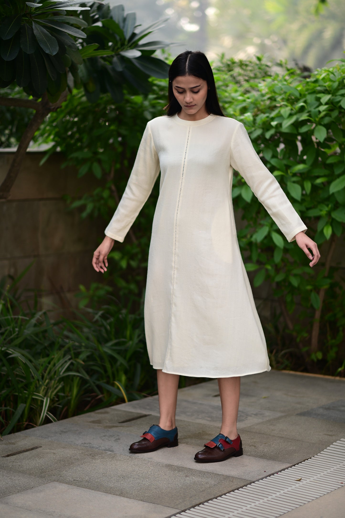 Cream White Merino Wool Dress Starflower by Raas with Cream, Merino Wool, Midi Dresses, Regular Fit, Uru by Raas, Winter Wear, Woven at Kamakhyaa for sustainable fashion