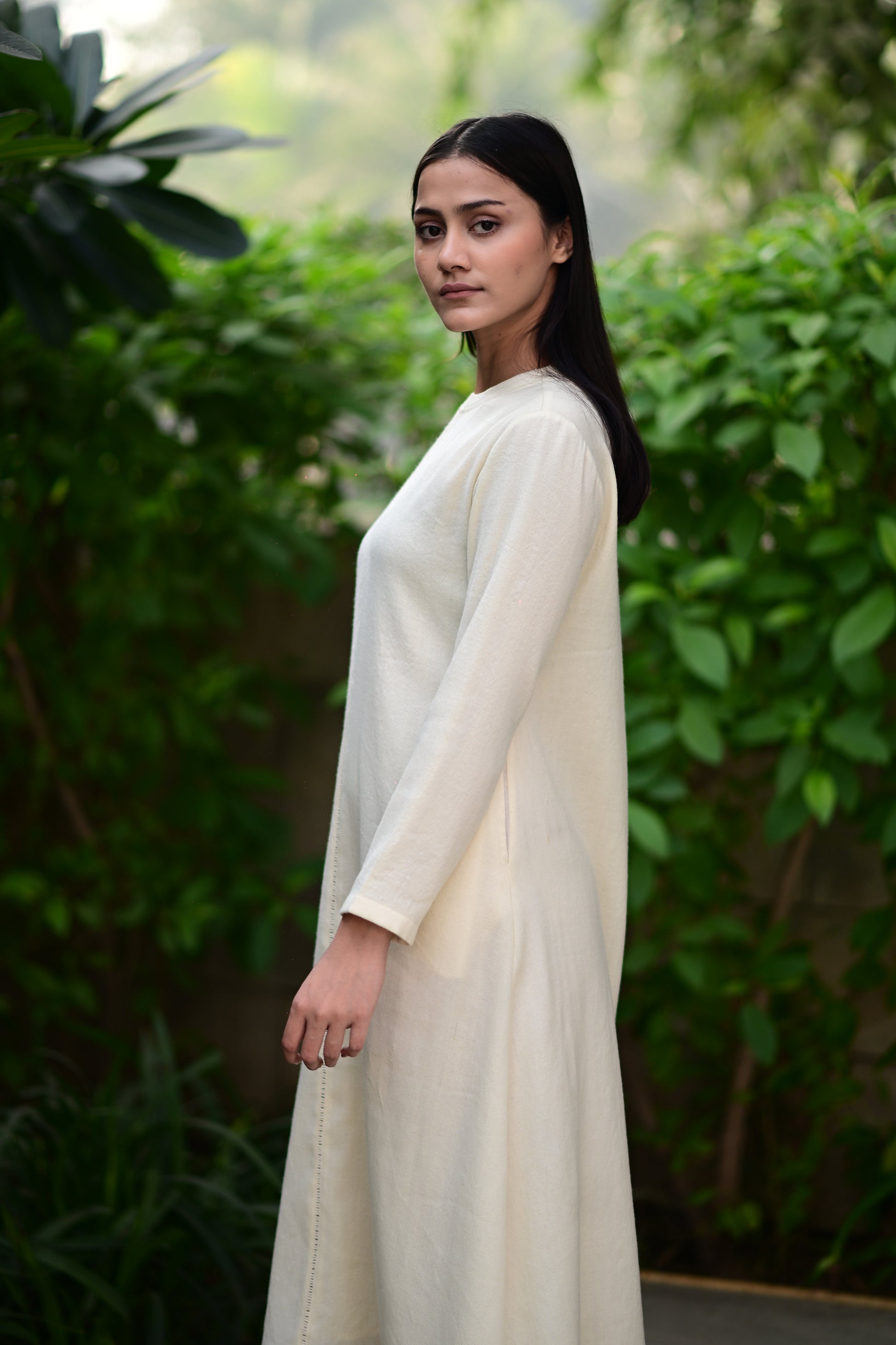 Cream White Merino Wool Dress Starflower by Raas with Cream, Merino Wool, Midi Dresses, Regular Fit, Uru by Raas, Winter Wear, Woven at Kamakhyaa for sustainable fashion