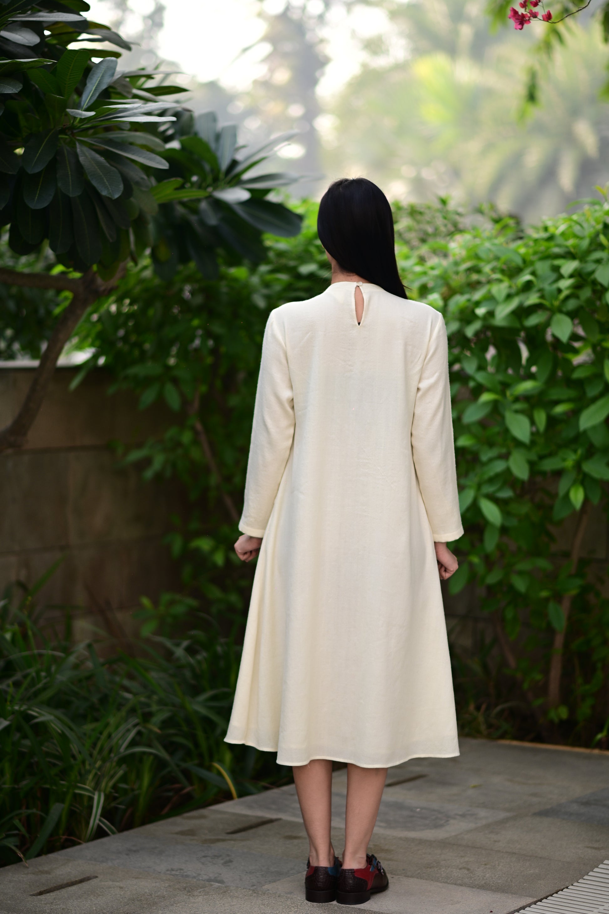 Cream White Merino Wool Dress Starflower by Raas with Cream, Merino Wool, Midi Dresses, Regular Fit, Uru by Raas, Winter Wear, Woven at Kamakhyaa for sustainable fashion