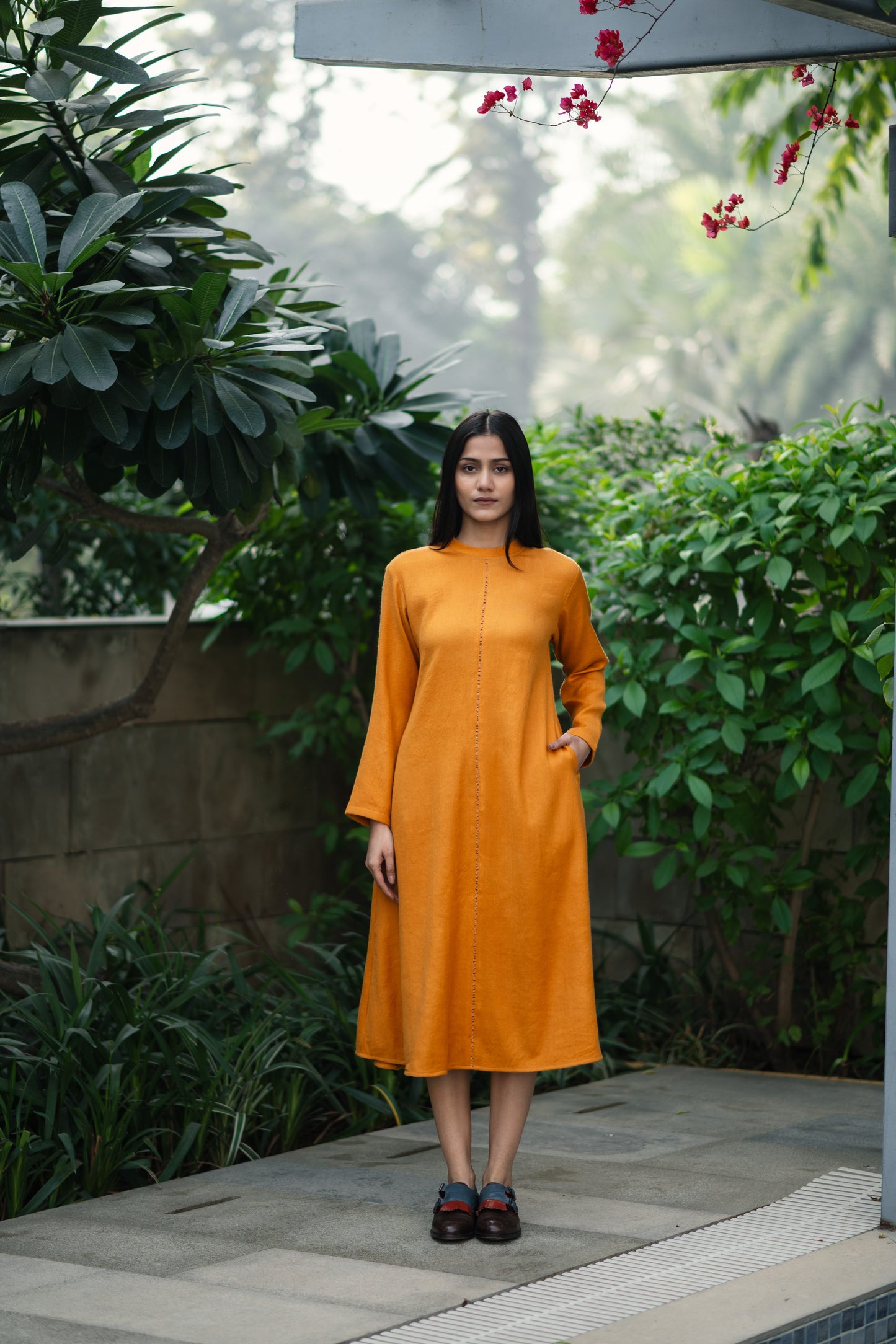 Mustard Yellow Merino Wool Dress Starflower by Raas with Merino Wool, Midi Dresses, Mustard, Regular Fit, Uru by Raas, Winter Wear, Woven at Kamakhyaa for sustainable fashion