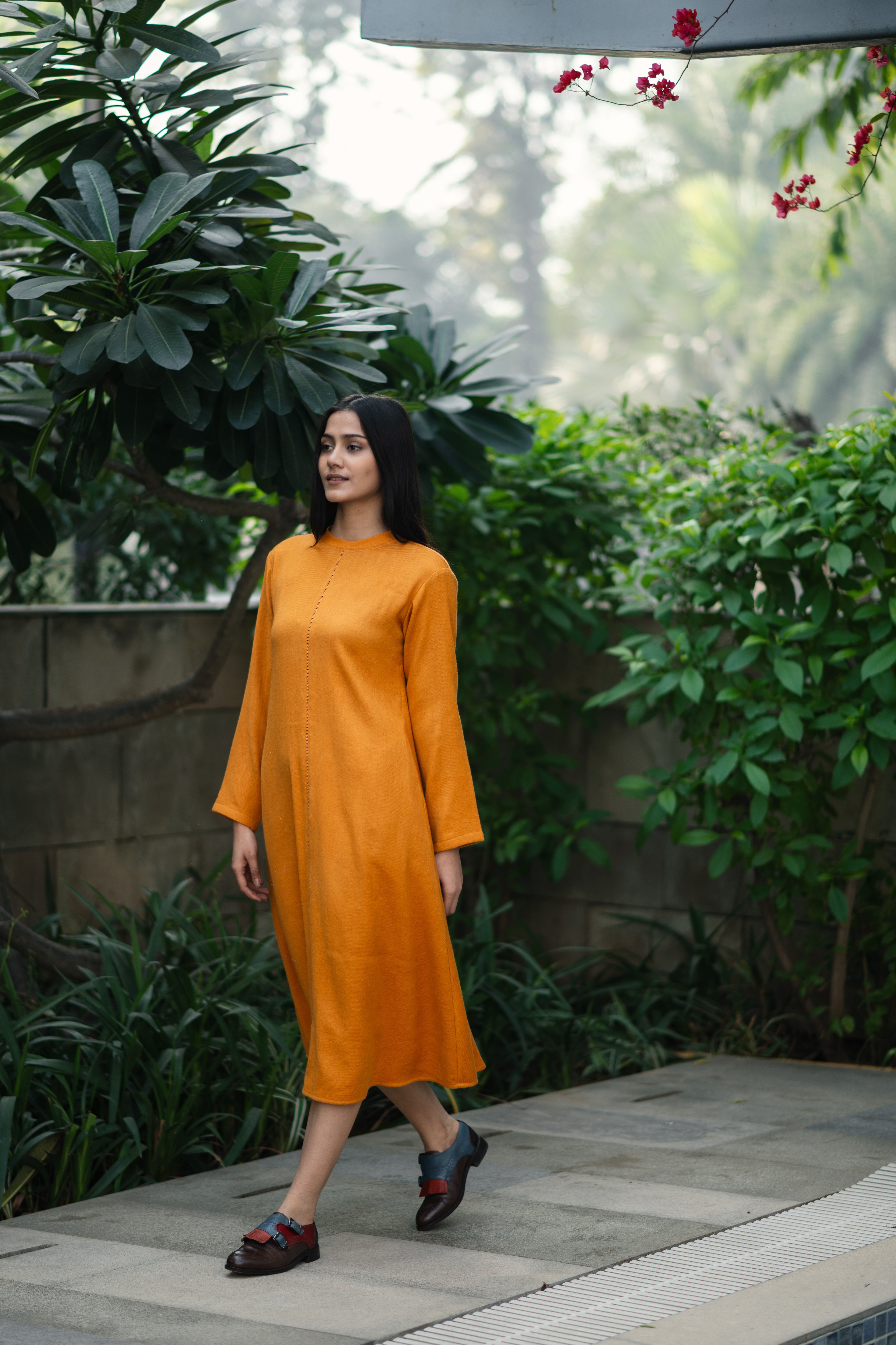 Mustard Yellow Merino Wool Dress Starflower by Raas with Merino Wool, Midi Dresses, Mustard, Regular Fit, Uru by Raas, Winter Wear, Woven at Kamakhyaa for sustainable fashion