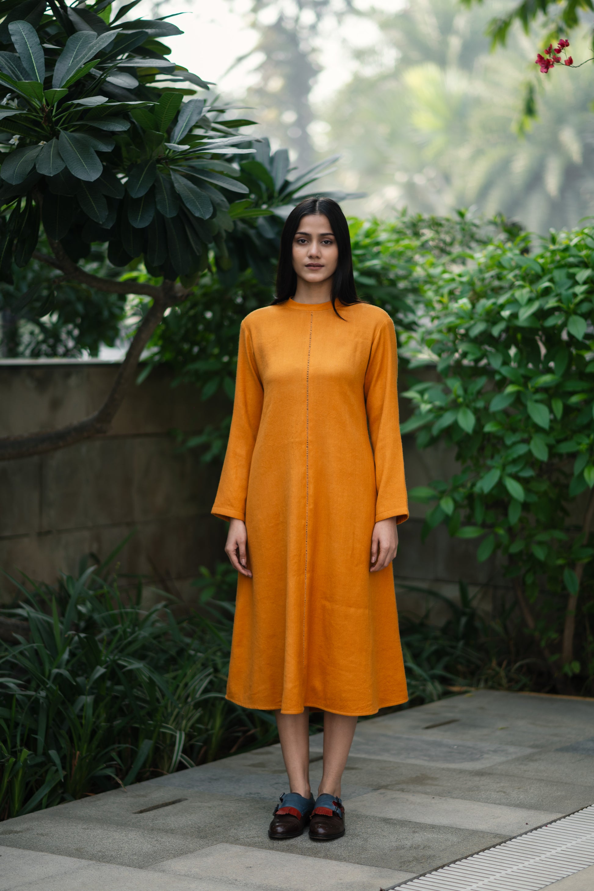 Mustard Yellow Merino Wool Dress Starflower by Raas with Merino Wool, Midi Dresses, Mustard, Regular Fit, Uru by Raas, Winter Wear, Woven at Kamakhyaa for sustainable fashion