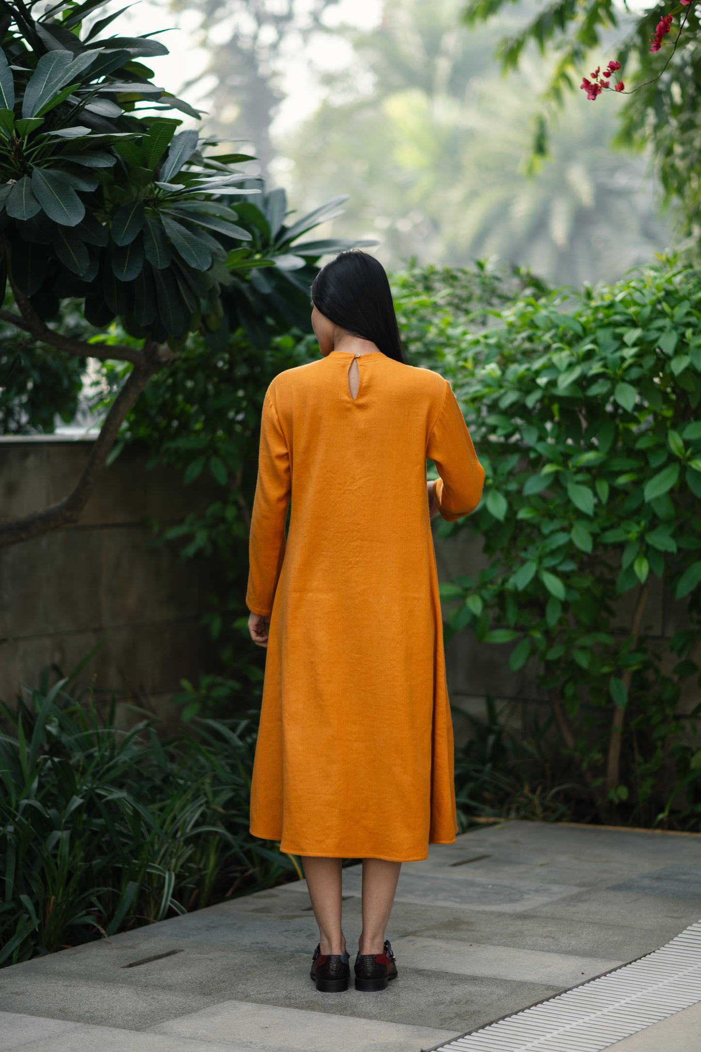 Mustard Yellow Merino Wool Dress Starflower by Raas with Merino Wool, Midi Dresses, Mustard, Regular Fit, Uru by Raas, Winter Wear, Woven at Kamakhyaa for sustainable fashion