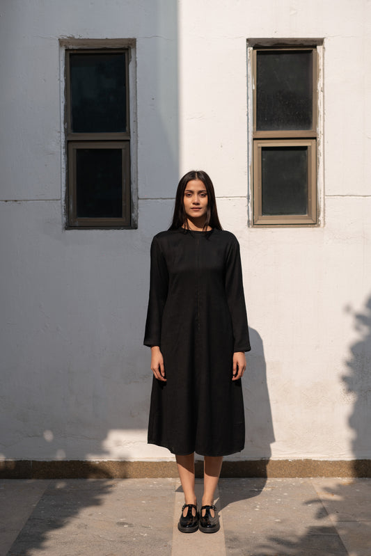 Black Merino Wool Dress Starflower by Raas with Black, Merino Wool, Midi Dresses, Regular Fit, Uru by Raas, Winter Wear, Woven at Kamakhyaa for sustainable fashion