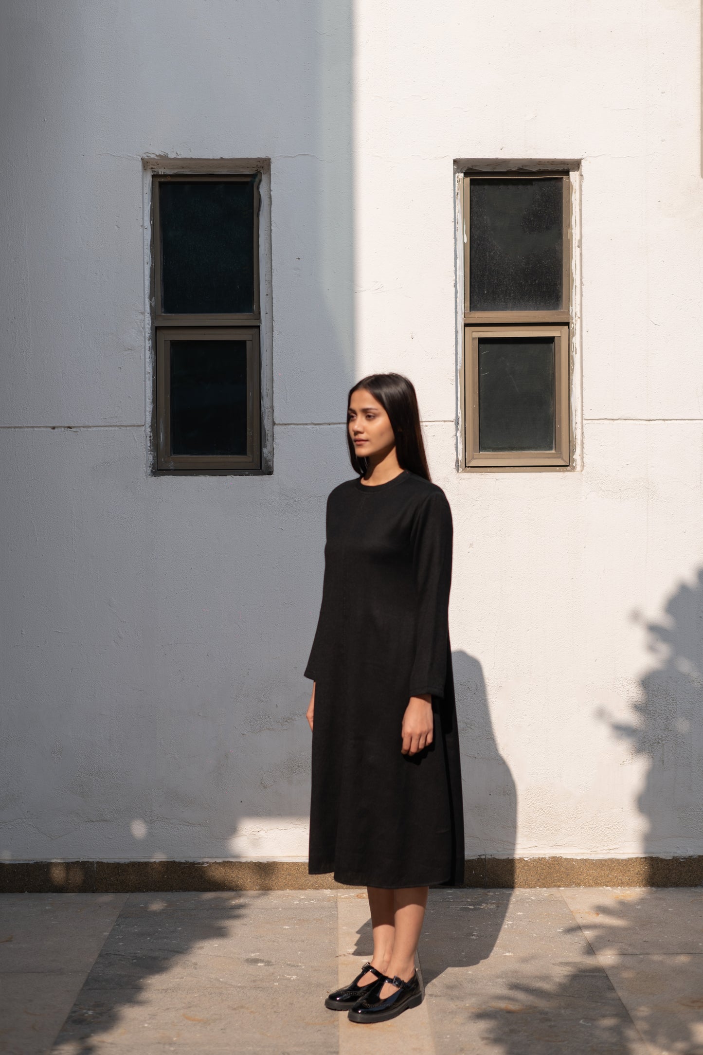 Black Merino Wool Dress Starflower by Raas with Black, Merino Wool, Midi Dresses, Regular Fit, Uru by Raas, Winter Wear, Woven at Kamakhyaa for sustainable fashion