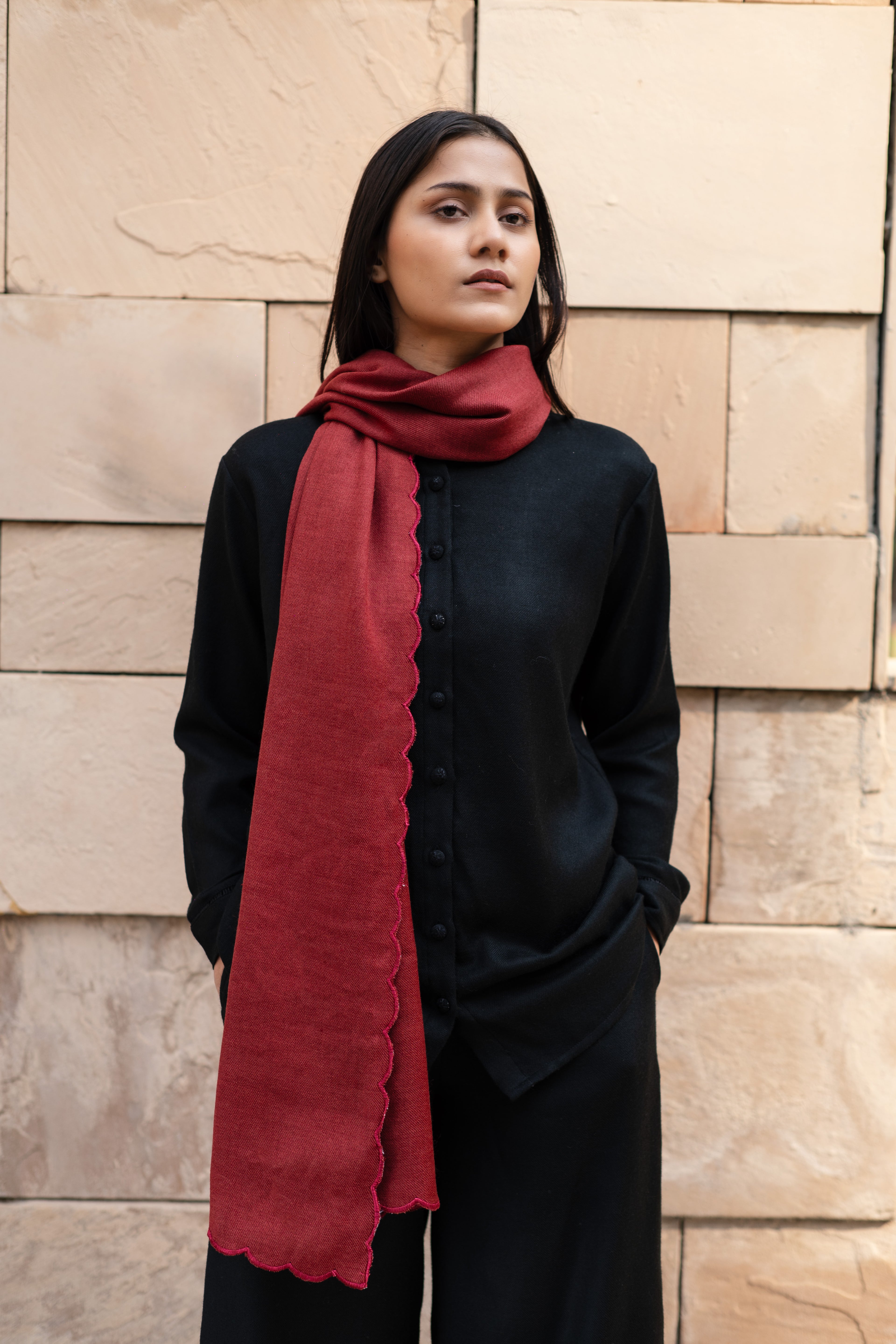 Maroon Merino Wool Stole by Raas with Maroon, Merino Wool, Regular Fit, Stoles, Uru by Raas, Winter Wear, Woven at Kamakhyaa for sustainable fashion
