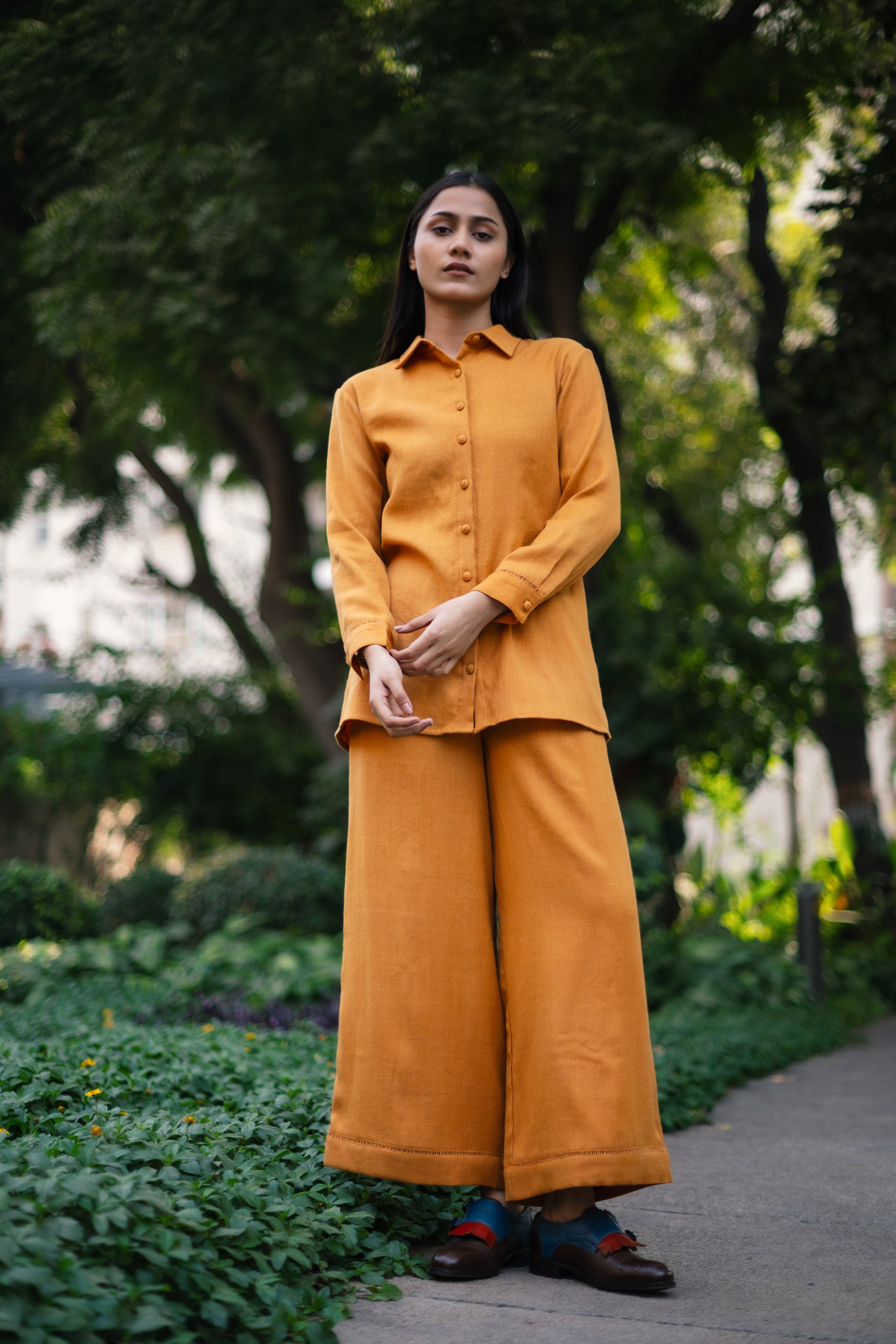 Mustard Yellow Merino Wool Coord Set Mahonia by Raas with Merino Wool, Mustard, Regular Fit, Uru by Raas, Winter WearOffice Wear Co-ords, Woven at Kamakhyaa for sustainable fashion