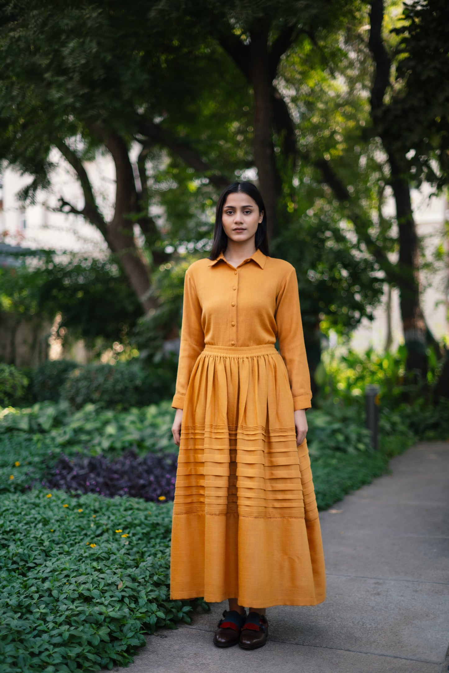 Mustard Yellow Merino Wool Misha Skirt Set by Raas with Merino Wool, Mustard, Regular Fit, Uru by Raas, Winter WearTop Skirt Sets, Woven at Kamakhyaa for sustainable fashion