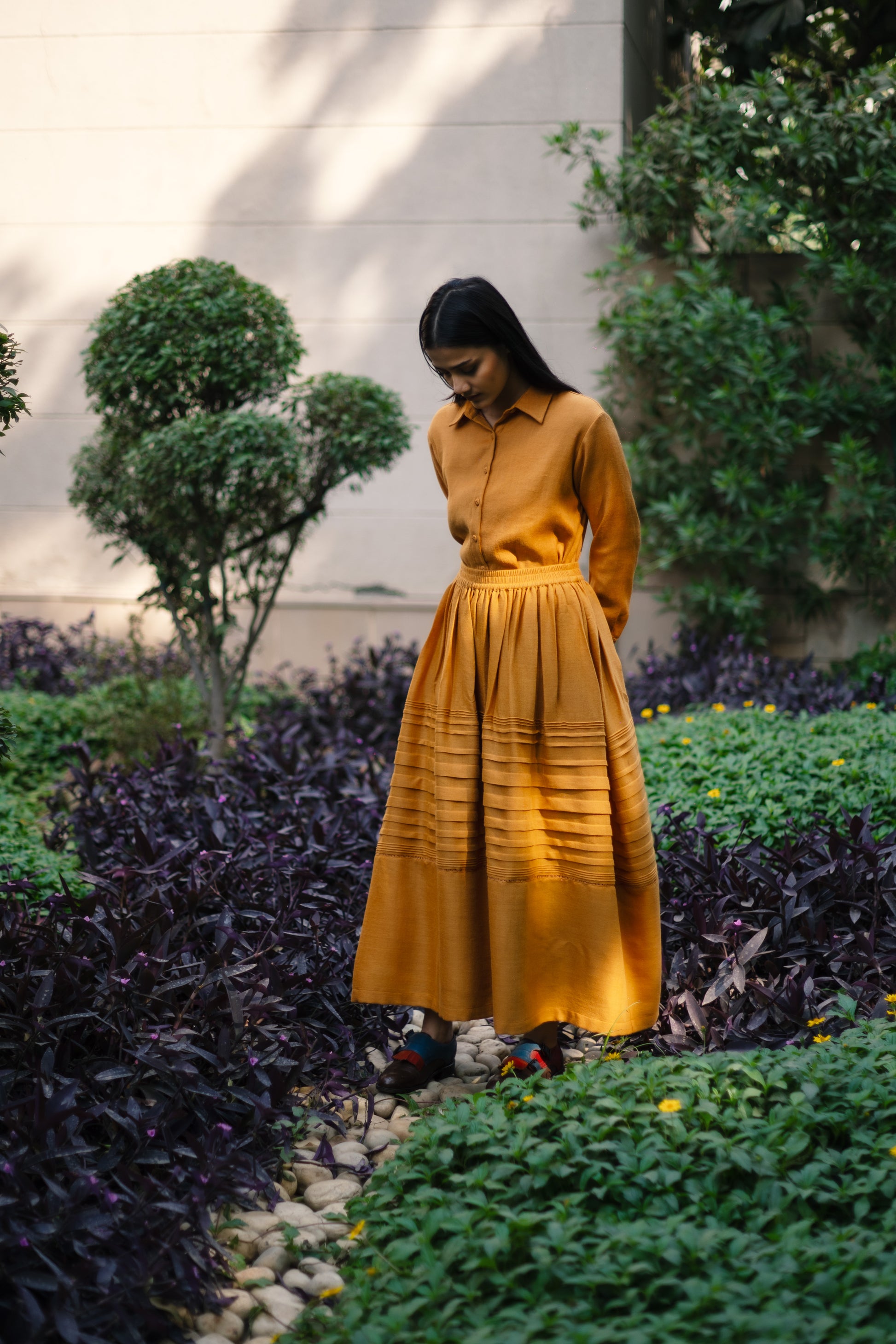 Mustard Yellow Merino Wool Misha Skirt Set by Raas with Merino Wool, Mustard, Regular Fit, Uru by Raas, Winter WearTop Skirt Sets, Woven at Kamakhyaa for sustainable fashion