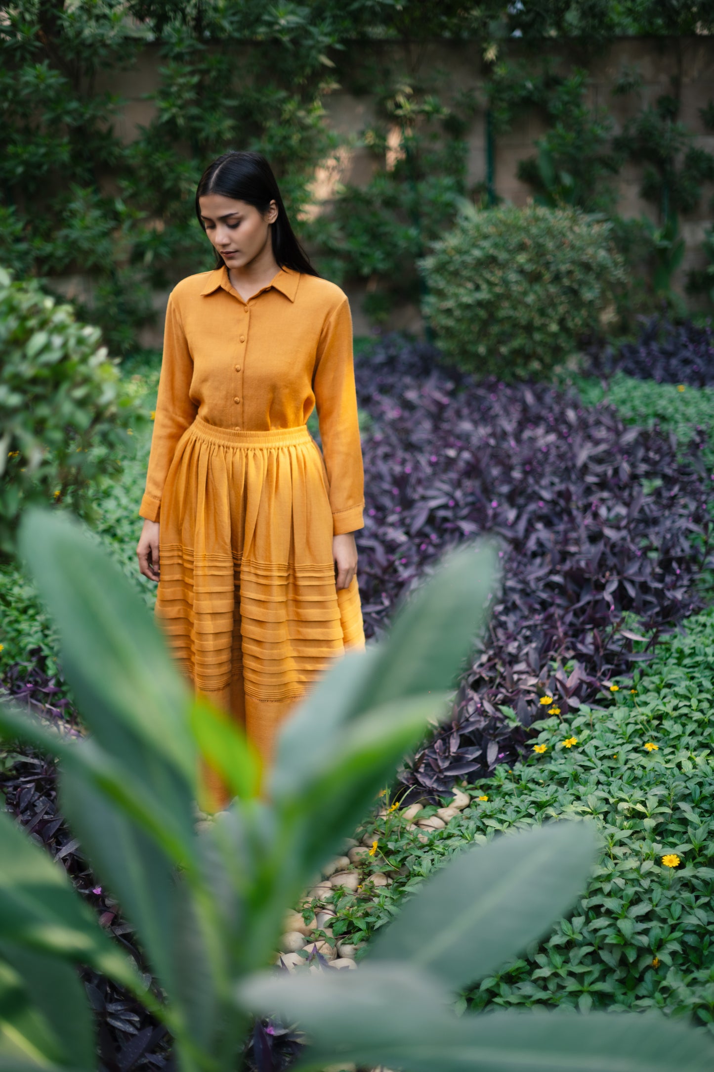 Mustard Yellow Merino Wool Misha Skirt Set by Raas with Merino Wool, Mustard, Regular Fit, Uru by Raas, Winter WearTop Skirt Sets, Woven at Kamakhyaa for sustainable fashion