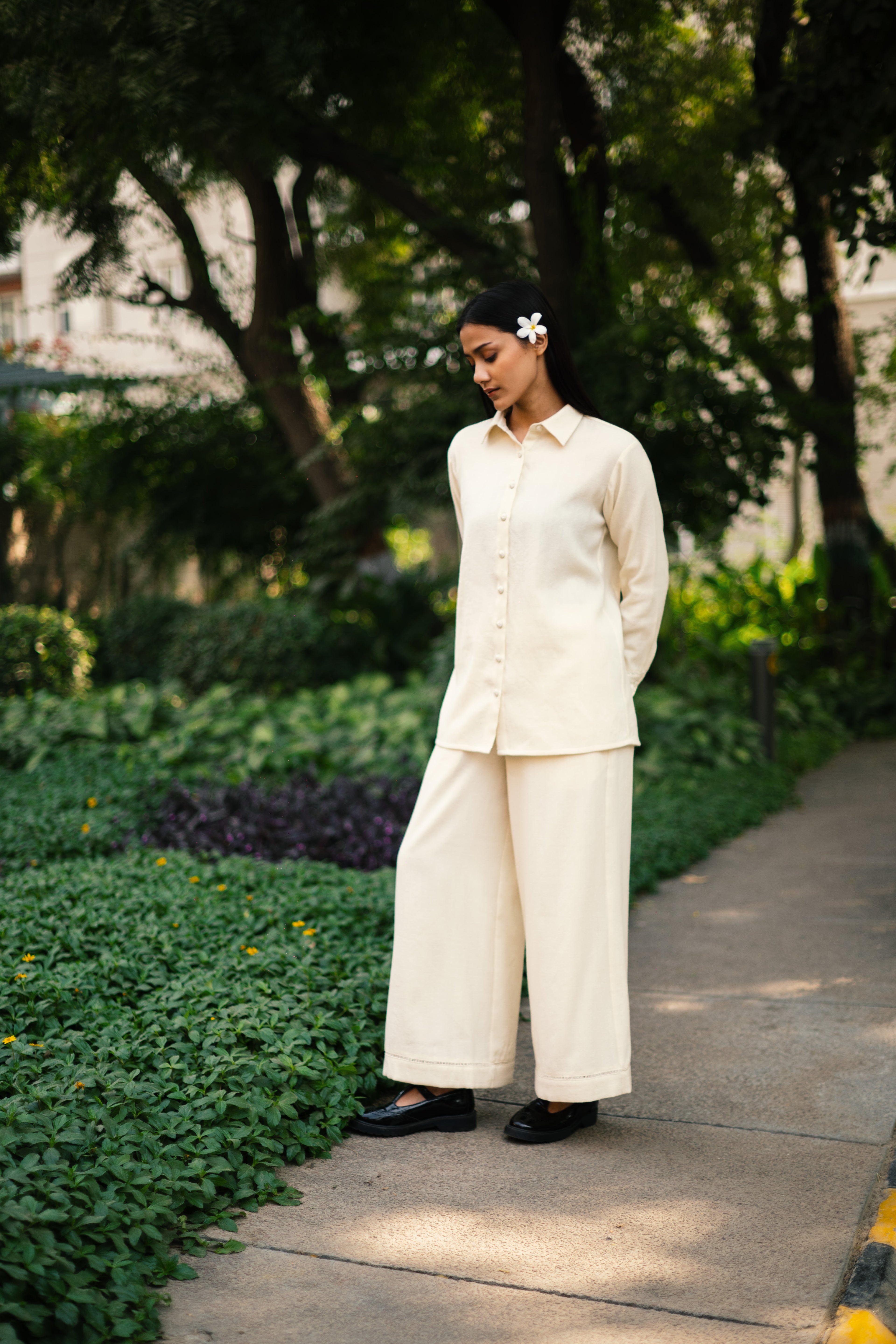 Cream White Merino Wool Coord Set Mahonia by Raas with Cream, Merino Wool, Regular Fit, Uru by Raas, Winter WearOffice Wear Co-ords, Woven at Kamakhyaa for sustainable fashion